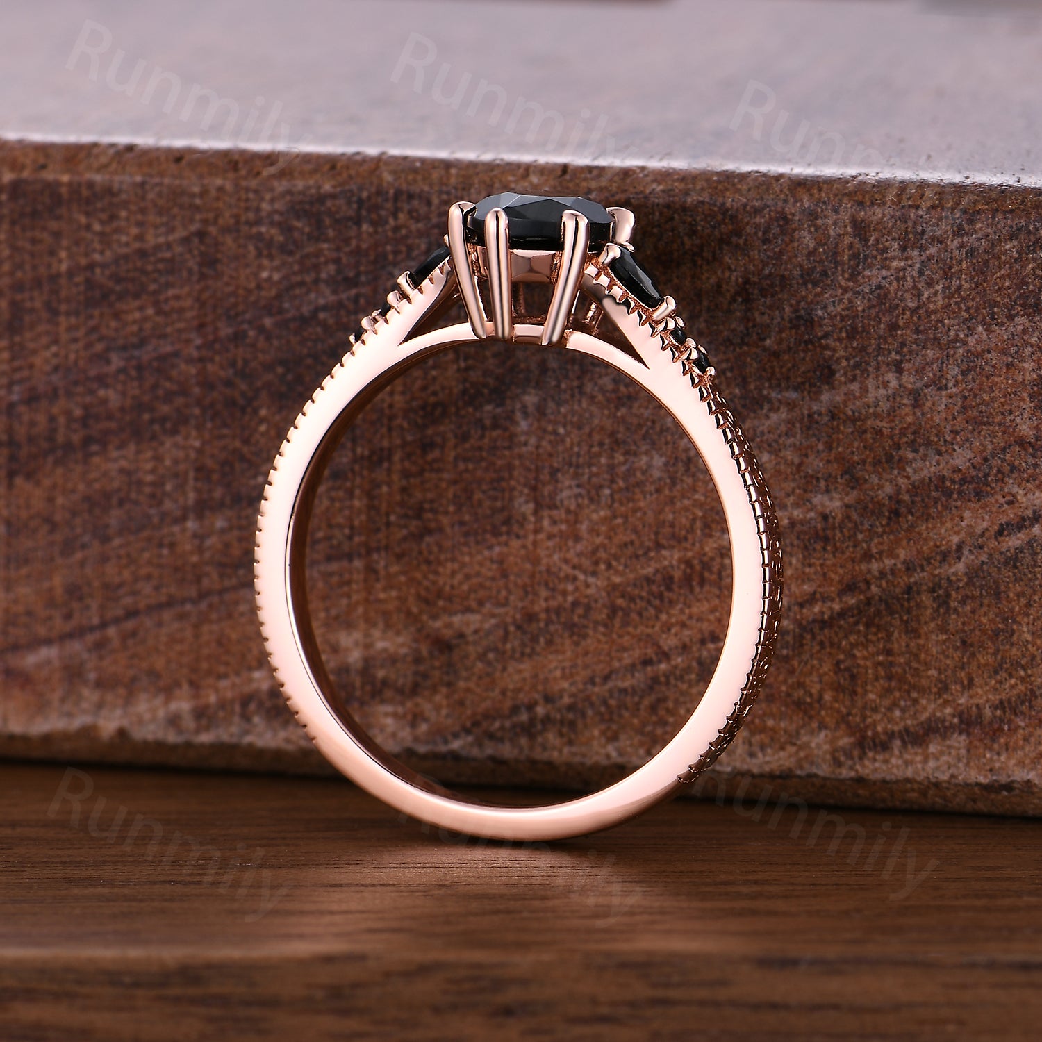 Art Deco Filigree Black Onyx Engagement Ring, Vintage Marquise Cut Black Onyx Ring For Women, Rose Gold Anniversary Ring