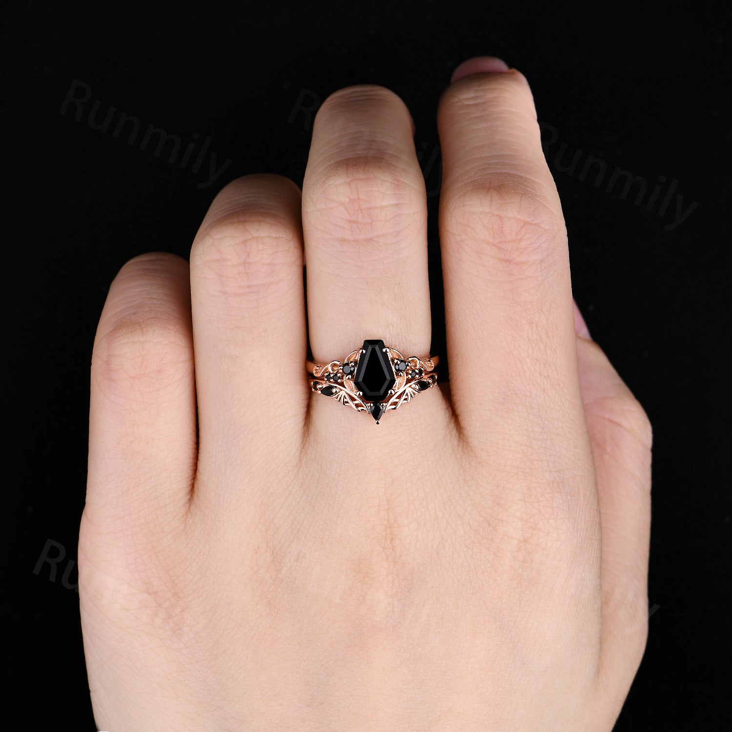 Coffin Cut Black Onyx Engagement Ring Set Spider Web Black Gem Wedding Rings Gothic Witchy Ring For Women Unique Anniversary Ring