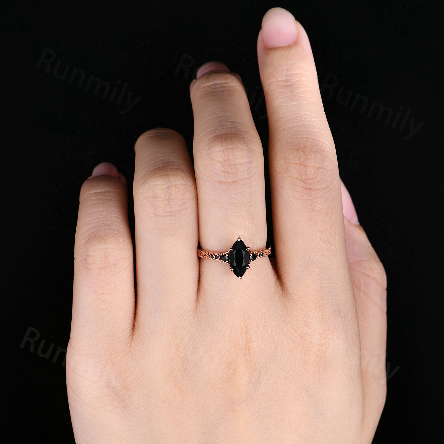 Art Deco Filigree Black Onyx Engagement Ring, Vintage Marquise Cut Black Onyx Ring For Women, Rose Gold Anniversary Ring