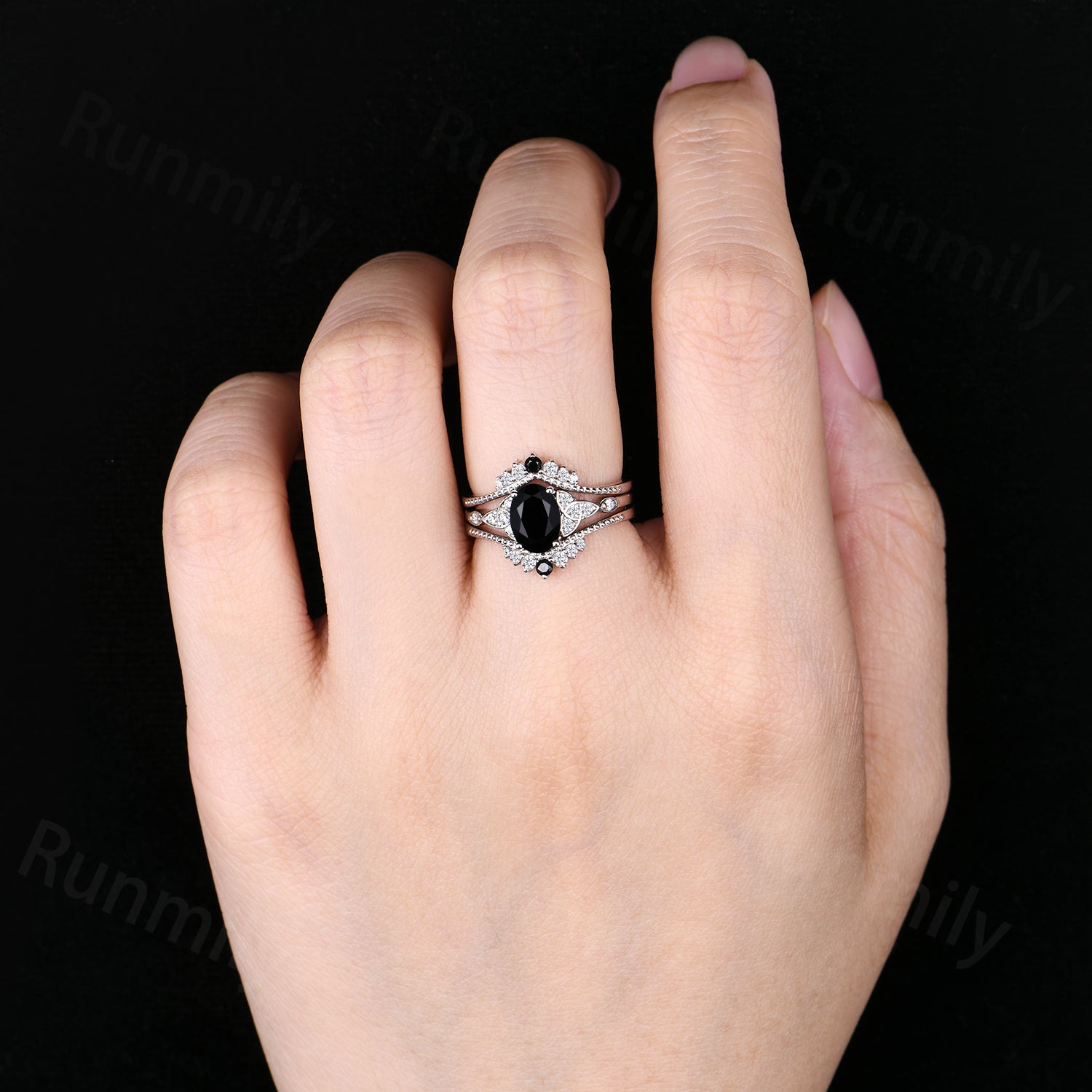 Celtic Knot Black Onyx Engagement Ring Set Unique White Gold Moissanite Bridal Ring Set Double Wedding Enhancer Band Anniversary Ring