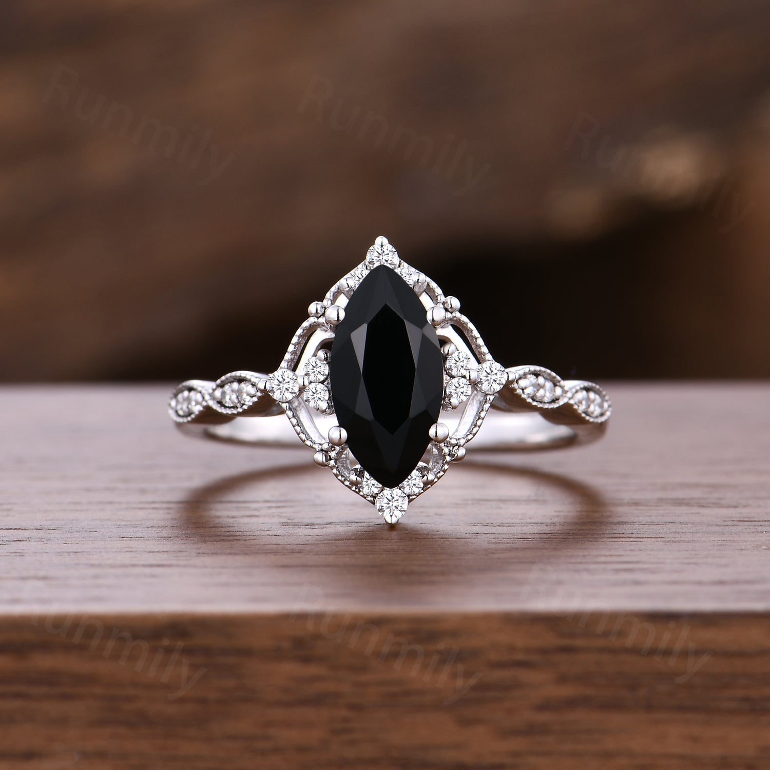 Vintage Black Onyx Engagement Ring Set Sterling Silver Marquise Cut Ring Art Deco Moissanite Curved Band Stacking Bridal Promise Ring