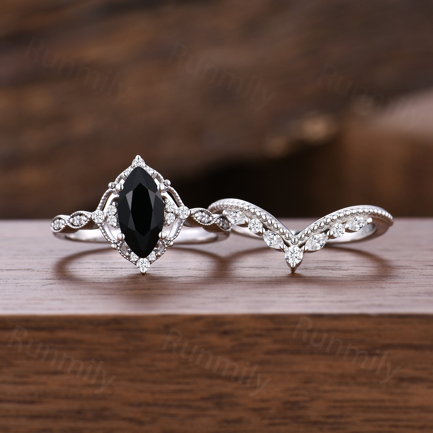 Vintage Black Onyx Engagement Ring Set Sterling Silver Marquise Cut Ring Art Deco Moissanite Curved Band Stacking Bridal Promise Ring