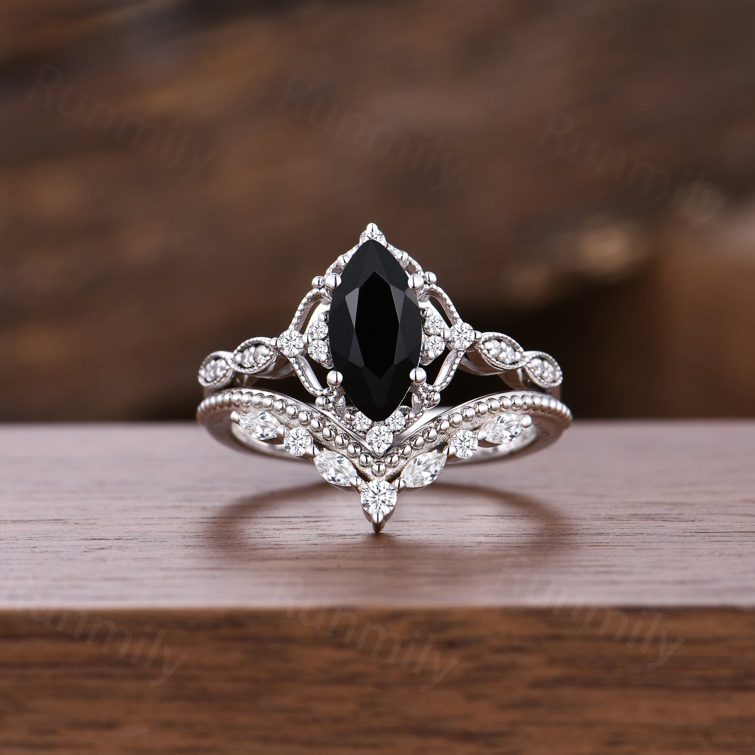 Vintage Black Onyx Engagement Ring Set Sterling Silver Marquise Cut Ring Art Deco Moissanite Curved Band Stacking Bridal Promise Ring