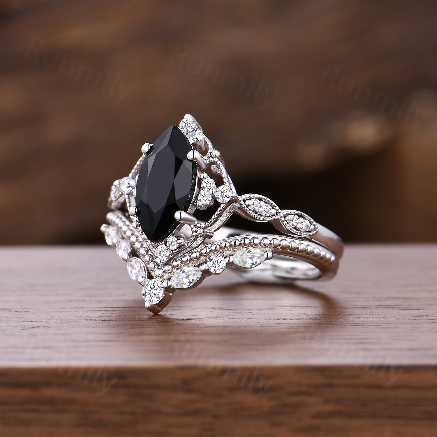 Vintage Black Onyx Engagement Ring Set Sterling Silver Marquise Cut Ring Art Deco Moissanite Curved Band Stacking Bridal Promise Ring