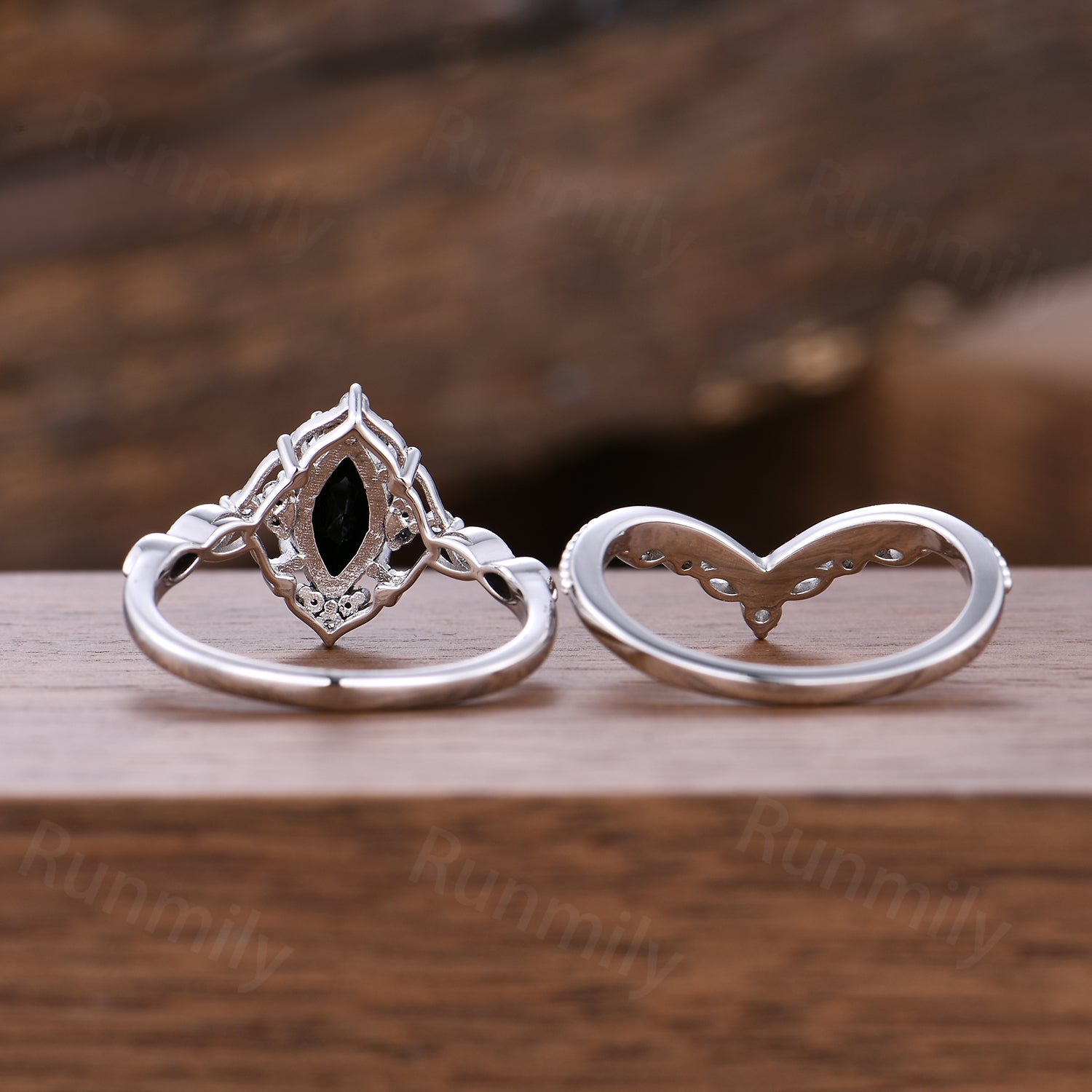 Vintage Black Onyx Engagement Ring Set Sterling Silver Marquise Cut Ring Art Deco Moissanite Curved Band Stacking Bridal Promise Ring