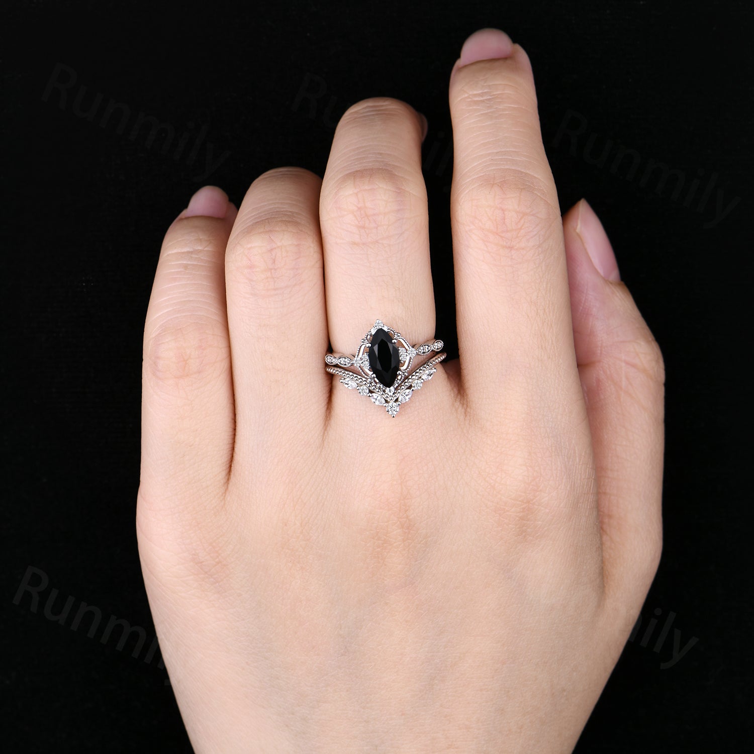 Vintage Black Onyx Engagement Ring Set Sterling Silver Marquise Cut Ring Art Deco Moissanite Curved Band Stacking Bridal Promise Ring