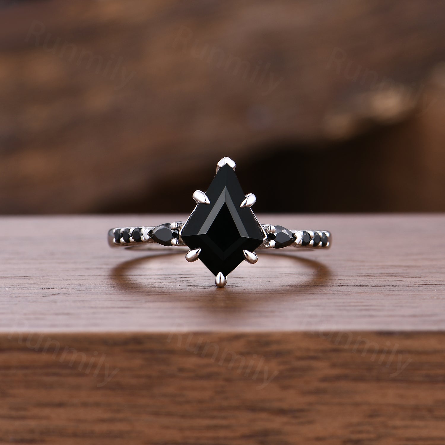 Kite Cut Black Onyx Engagement Ring Set Unique Art Deco Curved Stacking Wedding Ring Sterling Silver Promise Ring Black Gems Ring