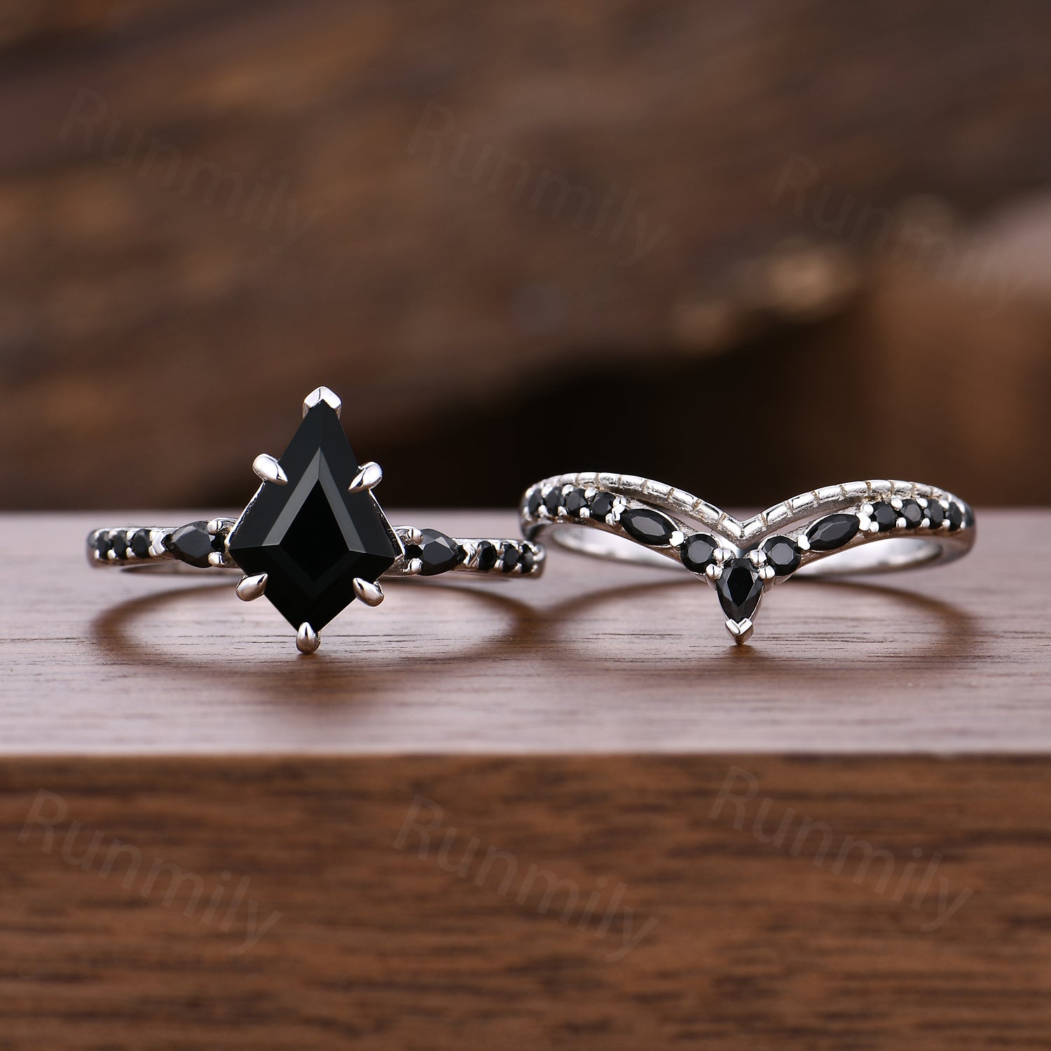 Kite Cut Black Onyx Engagement Ring Set Unique Art Deco Curved Stacking Wedding Ring Sterling Silver Promise Ring Black Gems Ring