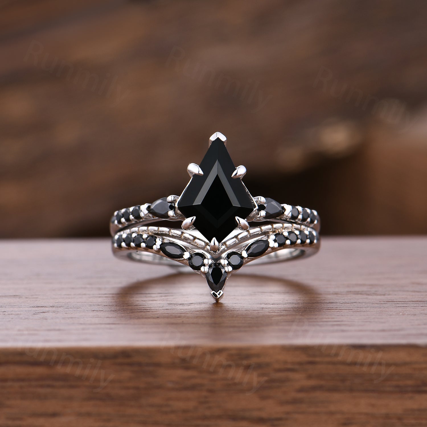 Kite Cut Black Onyx Engagement Ring Set Unique Art Deco Curved Stacking Wedding Ring Sterling Silver Promise Ring Black Gems Ring