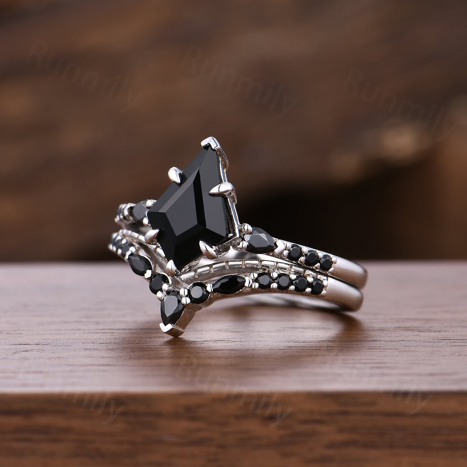 Kite Cut Black Onyx Engagement Ring Set Unique Art Deco Curved Stacking Wedding Ring Sterling Silver Promise Ring Black Gems Ring