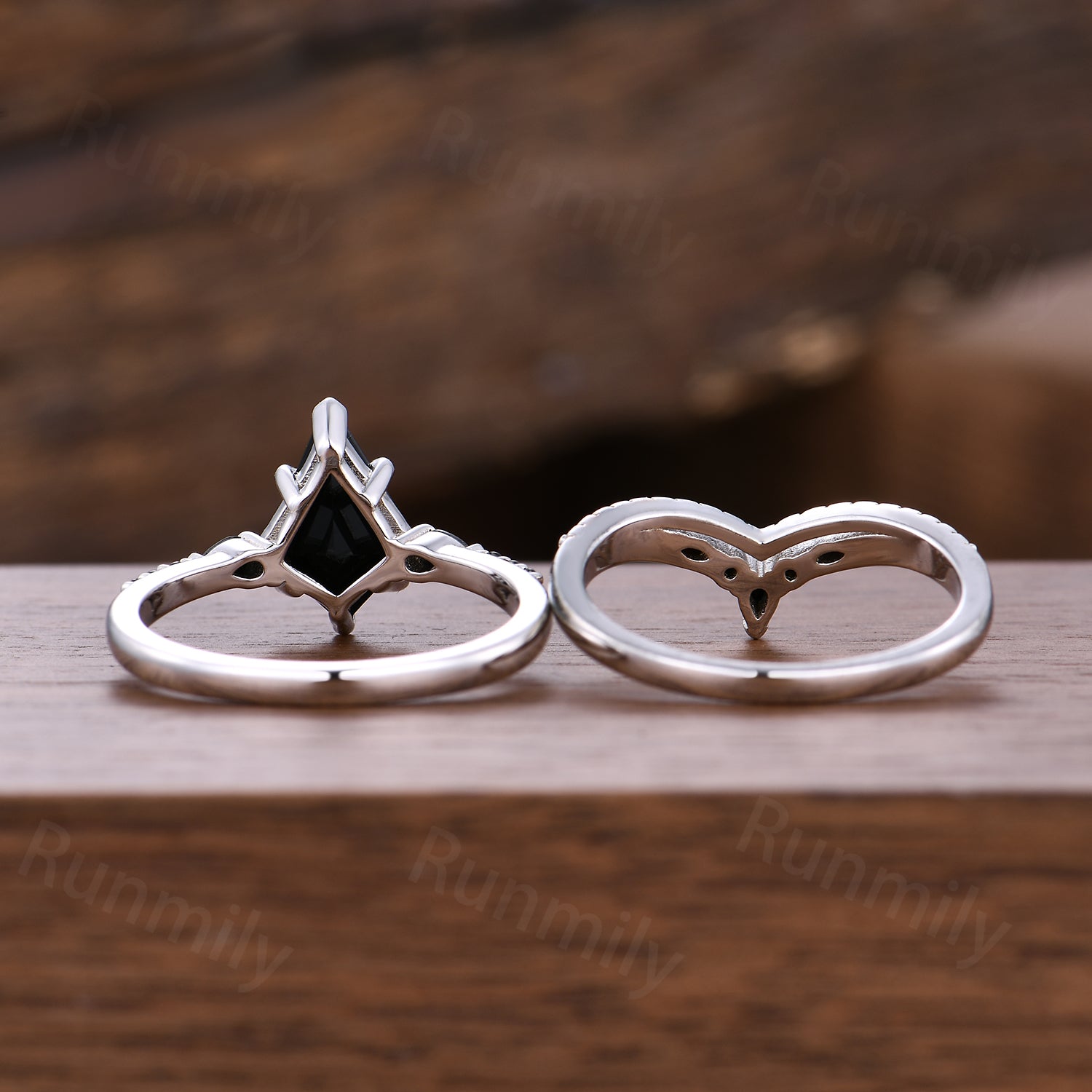 Kite Cut Black Onyx Engagement Ring Set Unique Art Deco Curved Stacking Wedding Ring Sterling Silver Promise Ring Black Gems Ring