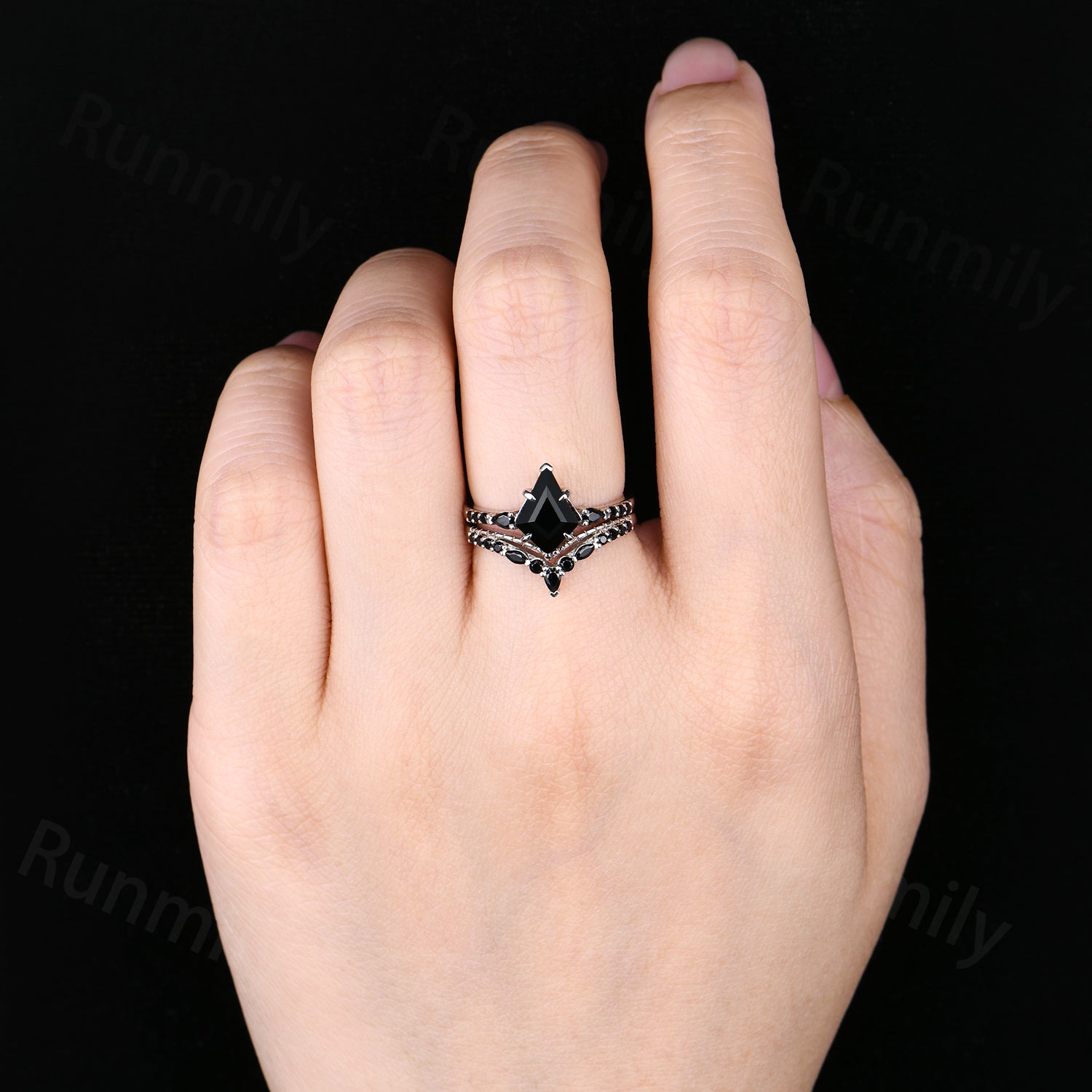 Kite Cut Black Onyx Engagement Ring Set Unique Art Deco Curved Stacking Wedding Ring Sterling Silver Promise Ring Black Gems Ring