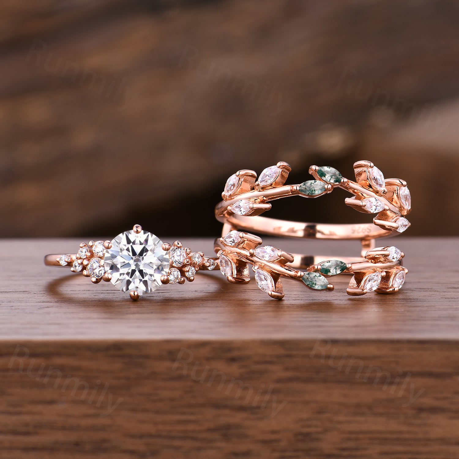 Round cut Moissanite Engagement Ring Set Moss Agate Branch Ring Double Curved Diamond Enhancer Promise Anniversary Ring