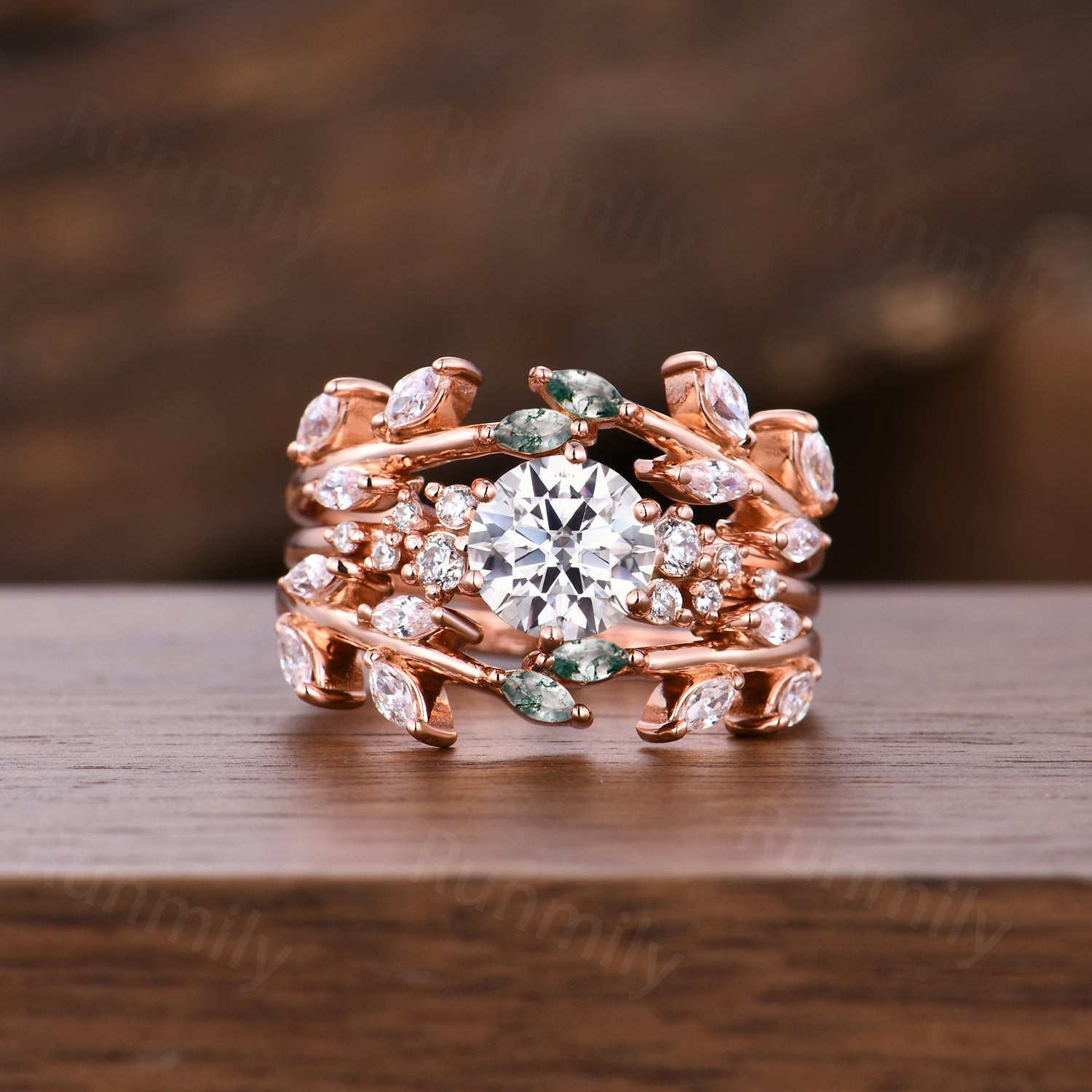 Round cut Moissanite Engagement Ring Set Moss Agate Branch Ring Double Curved Diamond Enhancer Promise Anniversary Ring