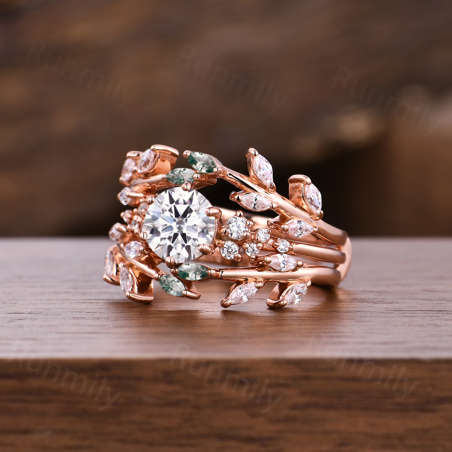 Round cut Moissanite Engagement Ring Set Moss Agate Branch Ring Double Curved Diamond Enhancer Promise Anniversary Ring