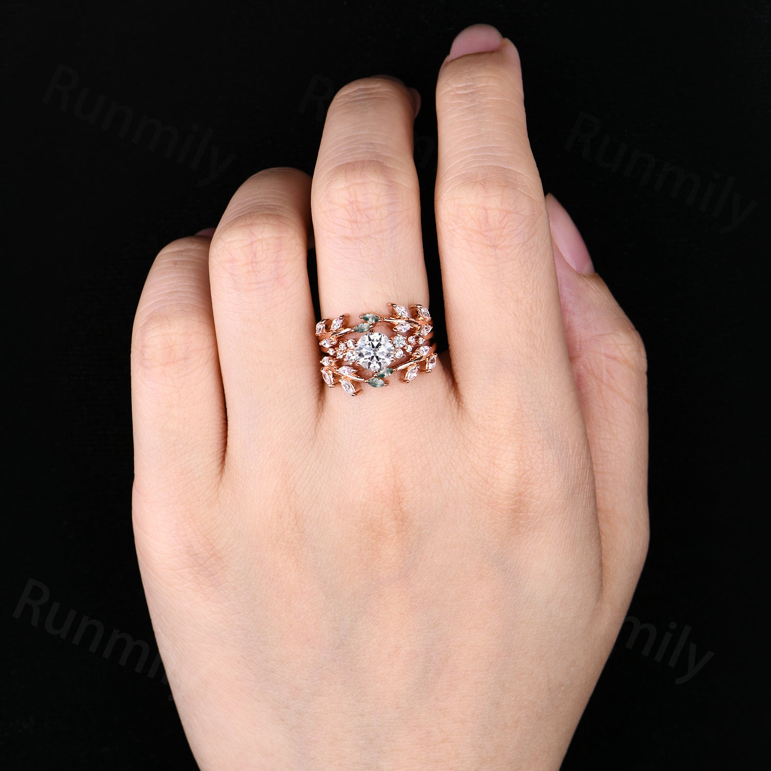Round cut Moissanite Engagement Ring Set Moss Agate Branch Ring Double Curved Diamond Enhancer Promise Anniversary Ring