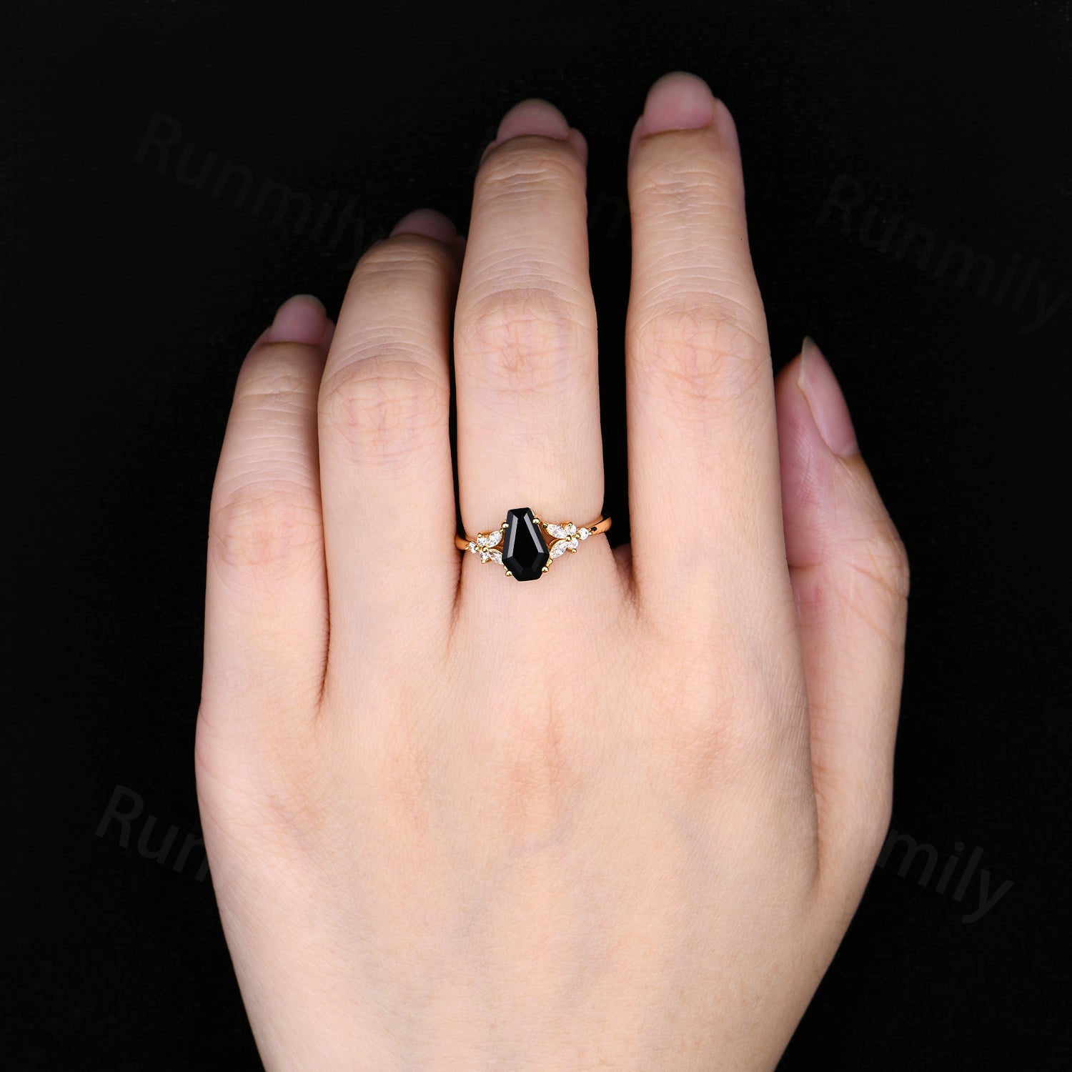 Coffin cut Natural Black Onyx Ring Yellow Gold Engagement Ring For Women Moissanite Cluster Wedding Ring Unique Promise Anniversary Ring