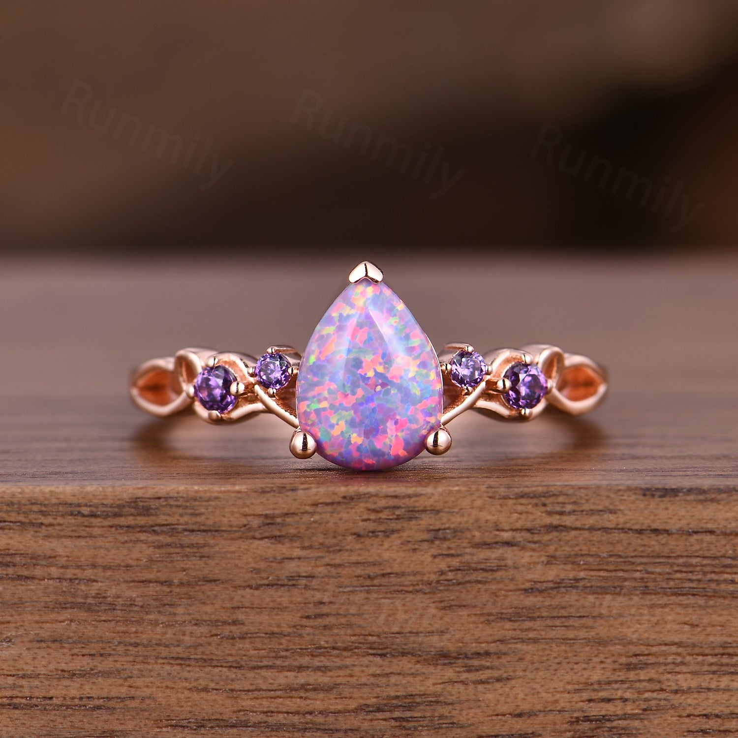 Lavender Opal Amethyst Wedding Ring Set Pear Shaped Purple Opal Engagement Ring Rose Gold Celtic Knot Bridal Ring Set