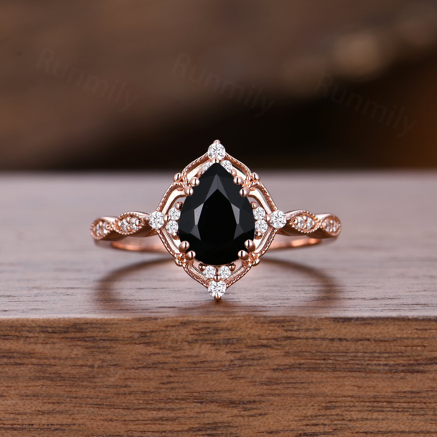 Vintage black onyx engagement ring rose gold ring art deco curved stacking band pear shaped bridal set unique black gemstone wedding set