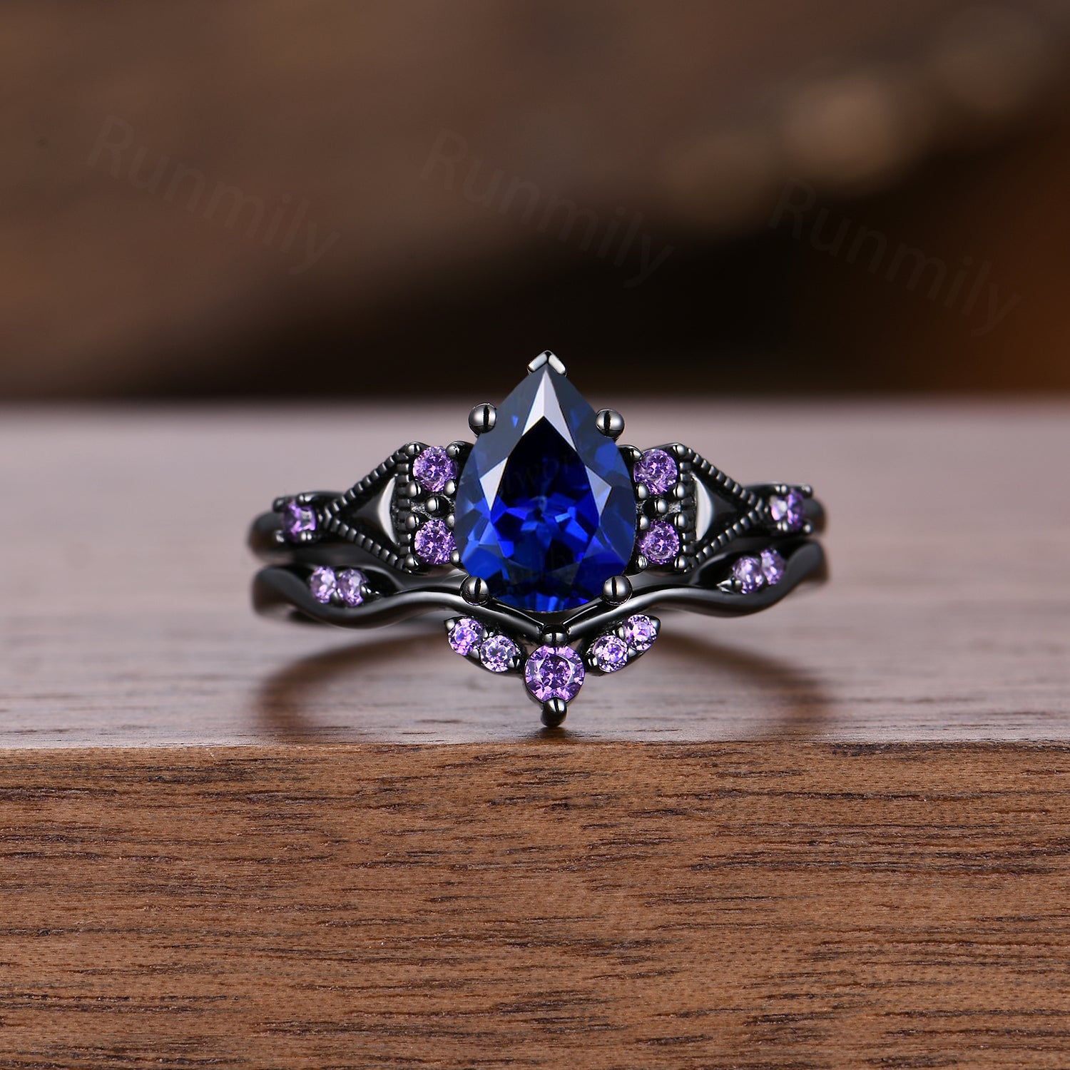 Blue Sapphire & Amethyst Couple Ring Set: Black Gold Wedding Bands, Anniversary Promise Rings
