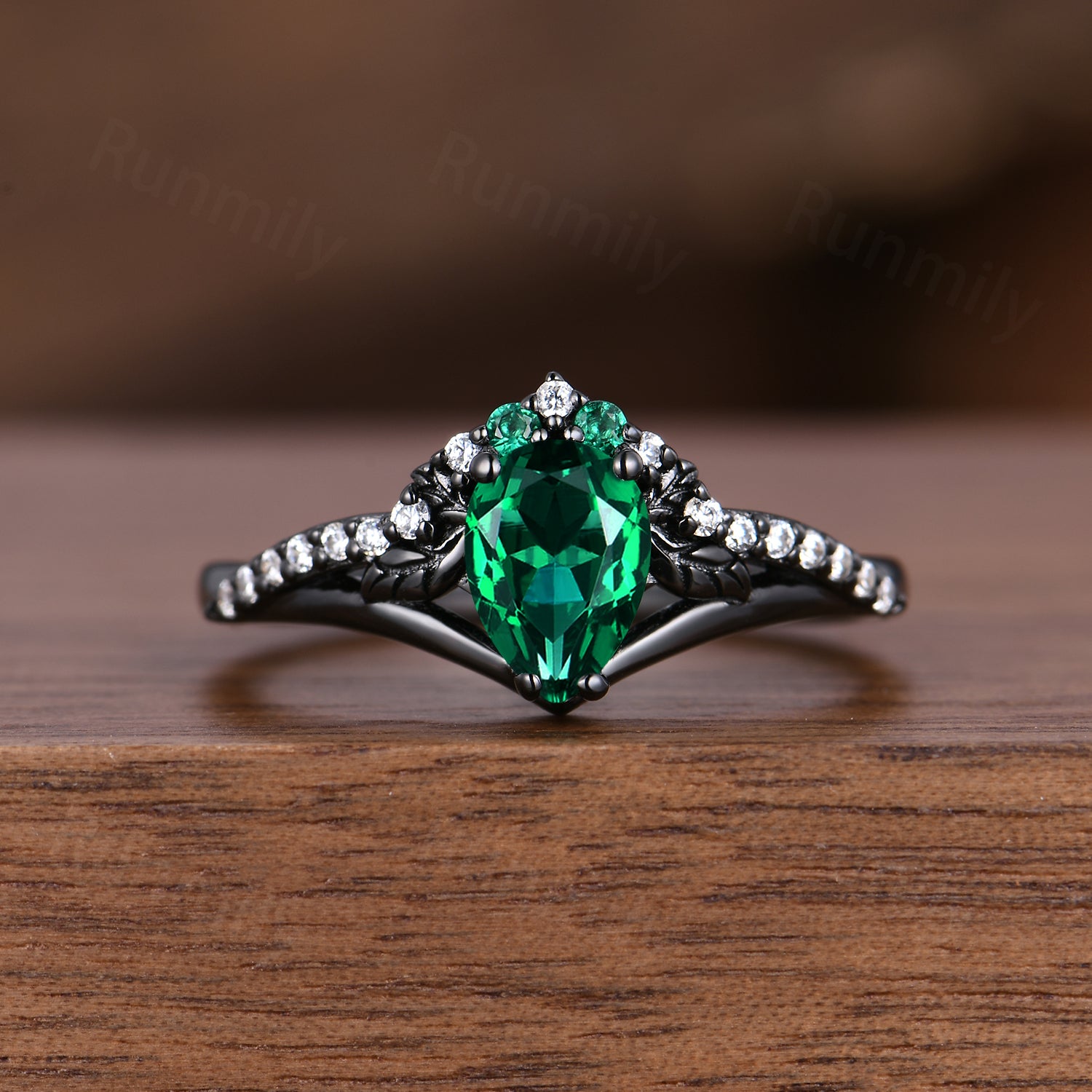 Art Deco Pear Emerald Engagement Ring Set Black Gold Rings Vine Leaf Bridal Promise Ring May Anniversary Gift