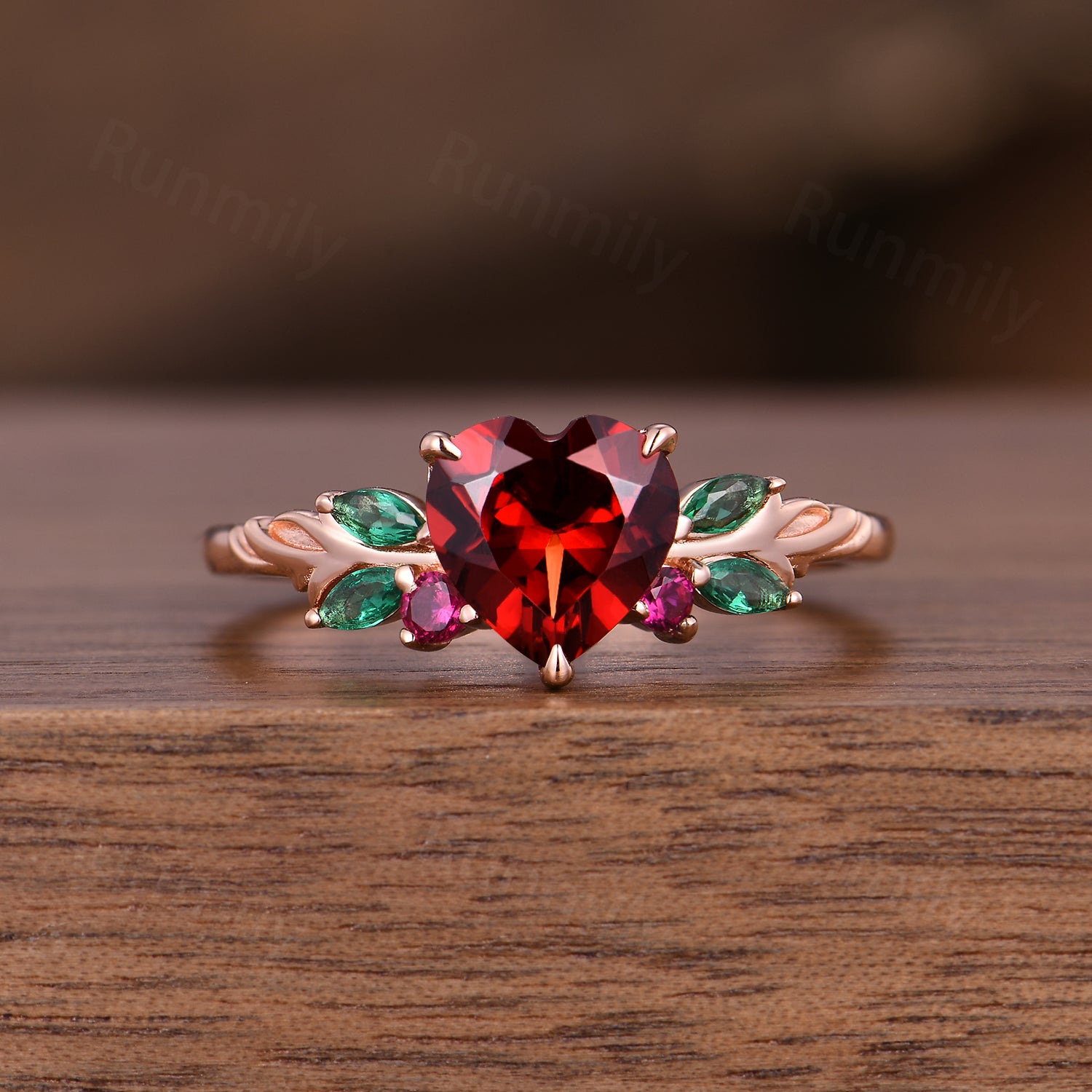 Heart shaped Garnet engagement ring set women 14k rose gold emerald ruby branch leaf cluster wedding band promise ring for her
