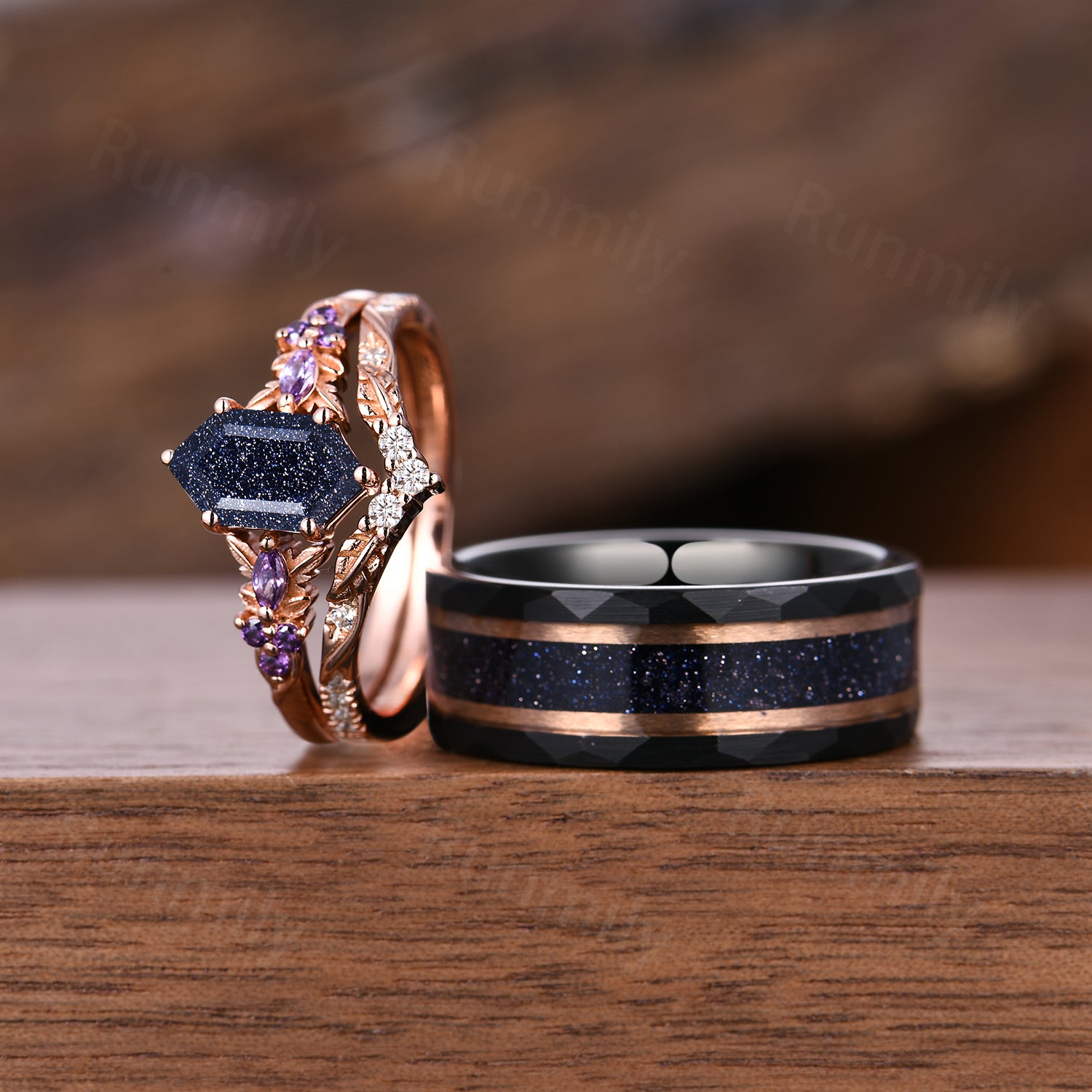 Galaxy Couple Ring Set - Blue Sandstone Women’s Ring & Men’s Matching Band - Unique Promise Ring Set - Rose Gold Rings