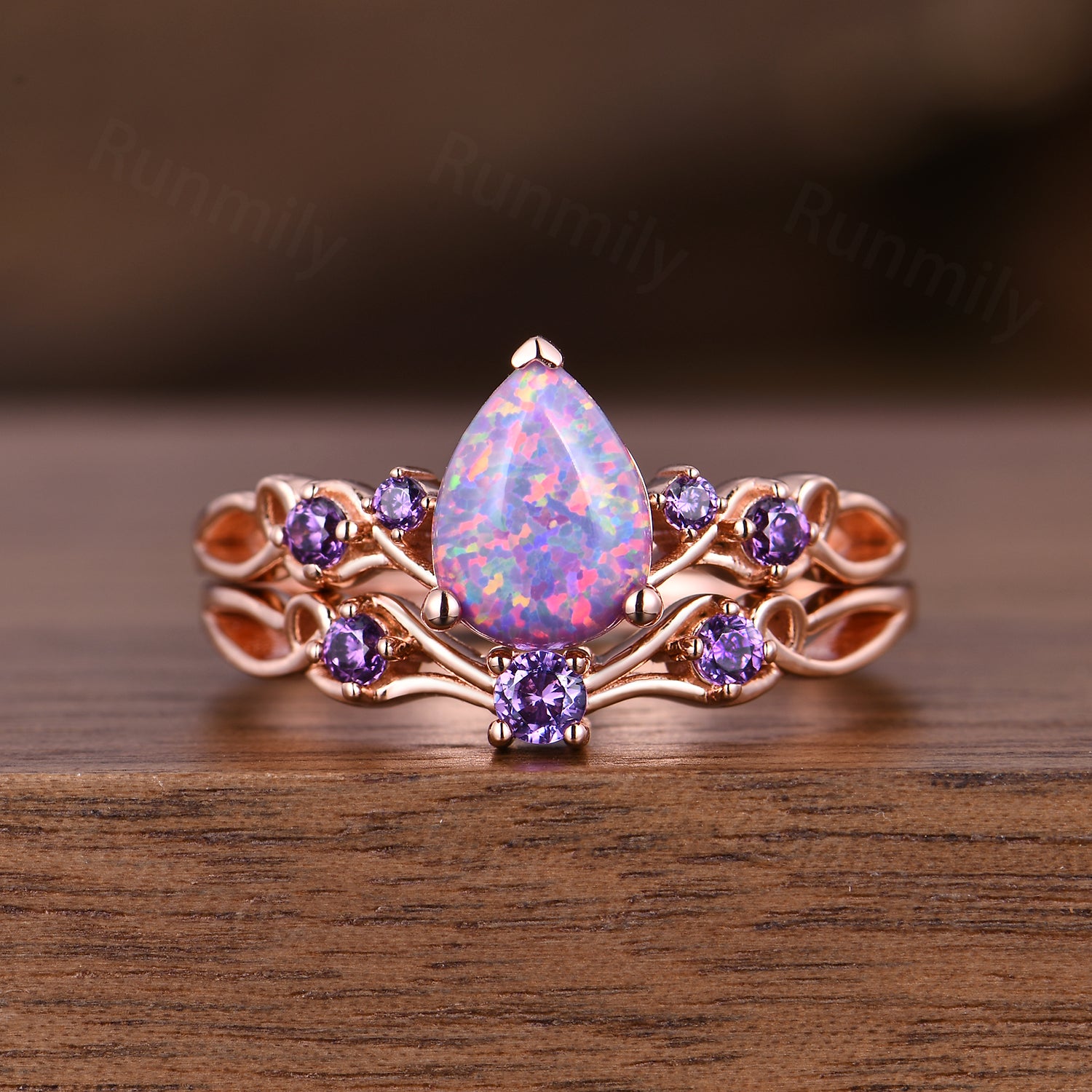 Lavender Opal Amethyst Wedding Ring Set Pear Shaped Purple Opal Engagement Ring Rose Gold Celtic Knot Bridal Ring Set