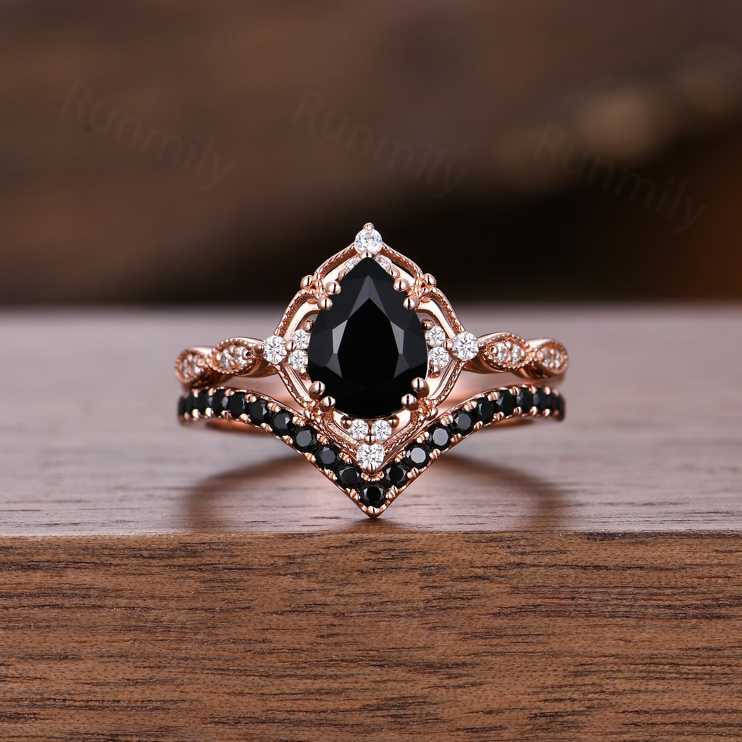 Vintage black onyx engagement ring rose gold ring art deco curved stacking band pear shaped bridal set unique black gemstone wedding set