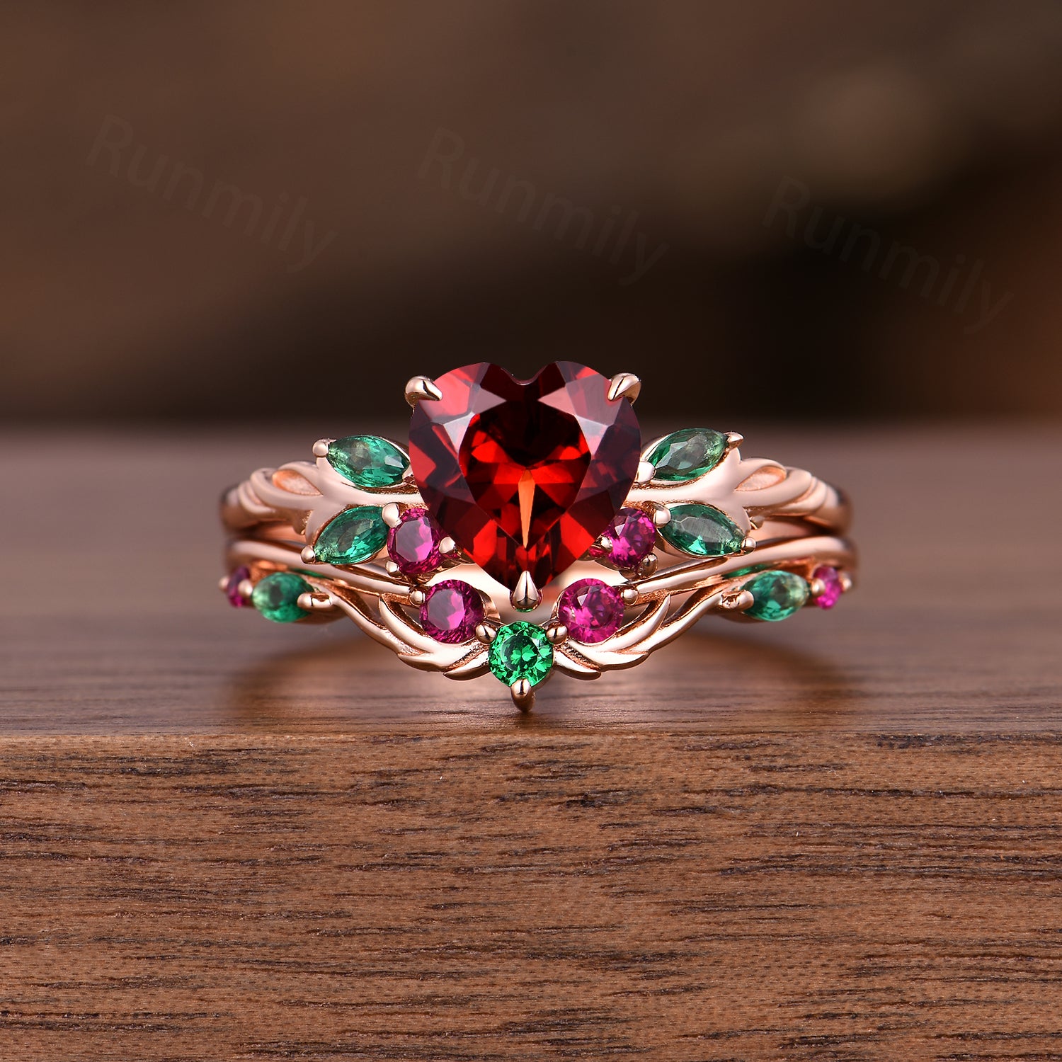 Heart shaped Garnet engagement ring set women 14k rose gold emerald ruby branch leaf cluster wedding band promise ring for her