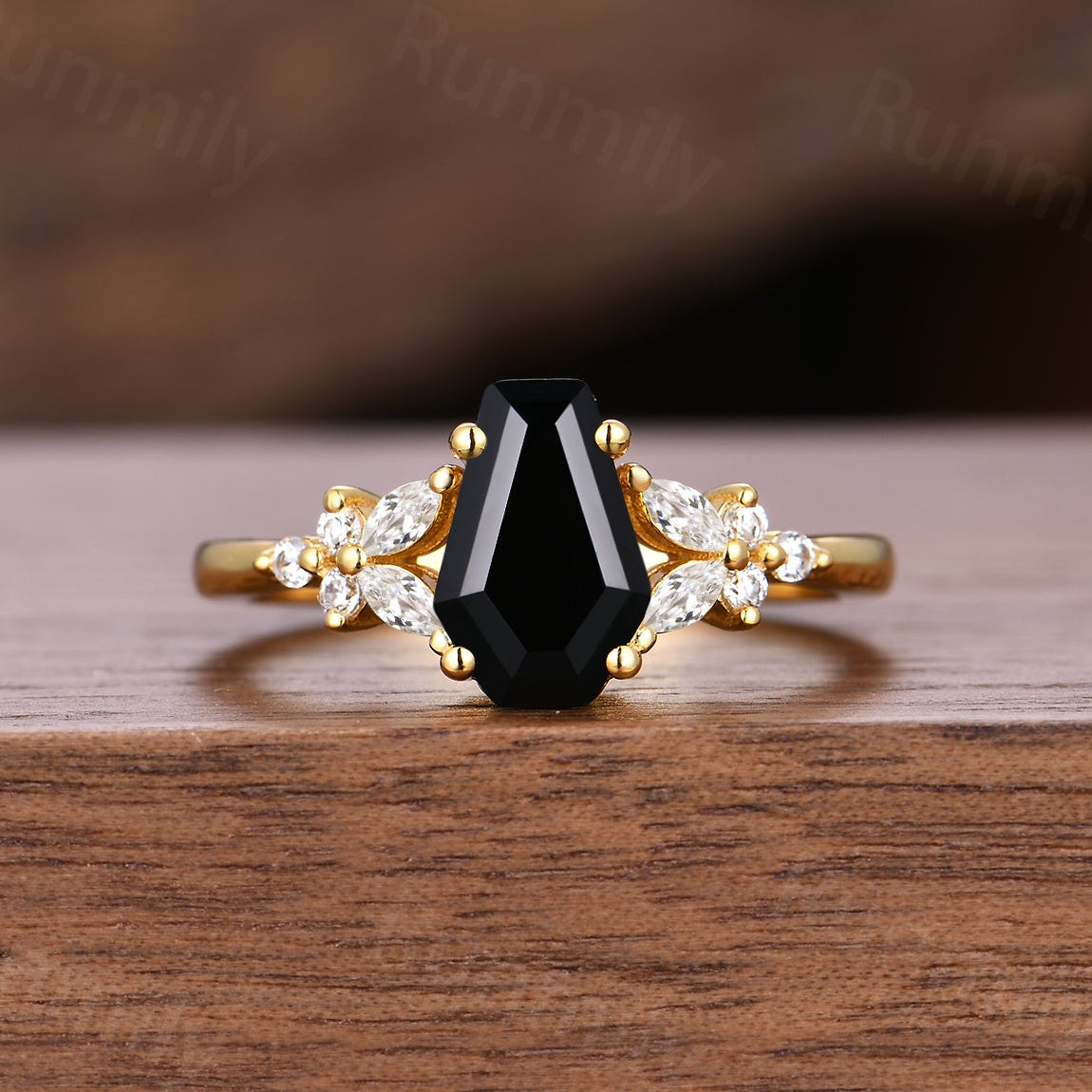 Coffin cut Natural Black Onyx Ring Yellow Gold Engagement Ring For Women Moissanite Cluster Wedding Ring Unique Promise Anniversary Ring