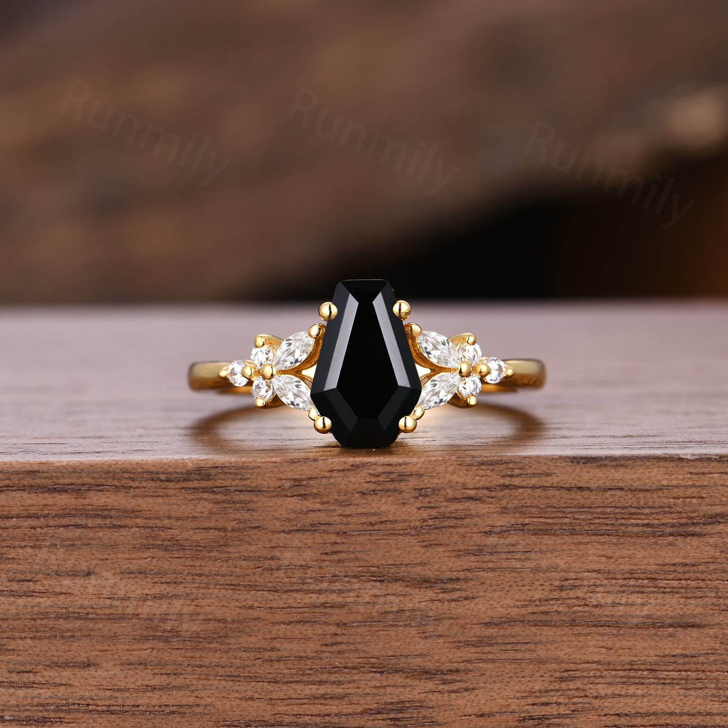 Coffin cut Natural Black Onyx Ring Yellow Gold Engagement Ring For Women Moissanite Cluster Wedding Ring Unique Promise Anniversary Ring