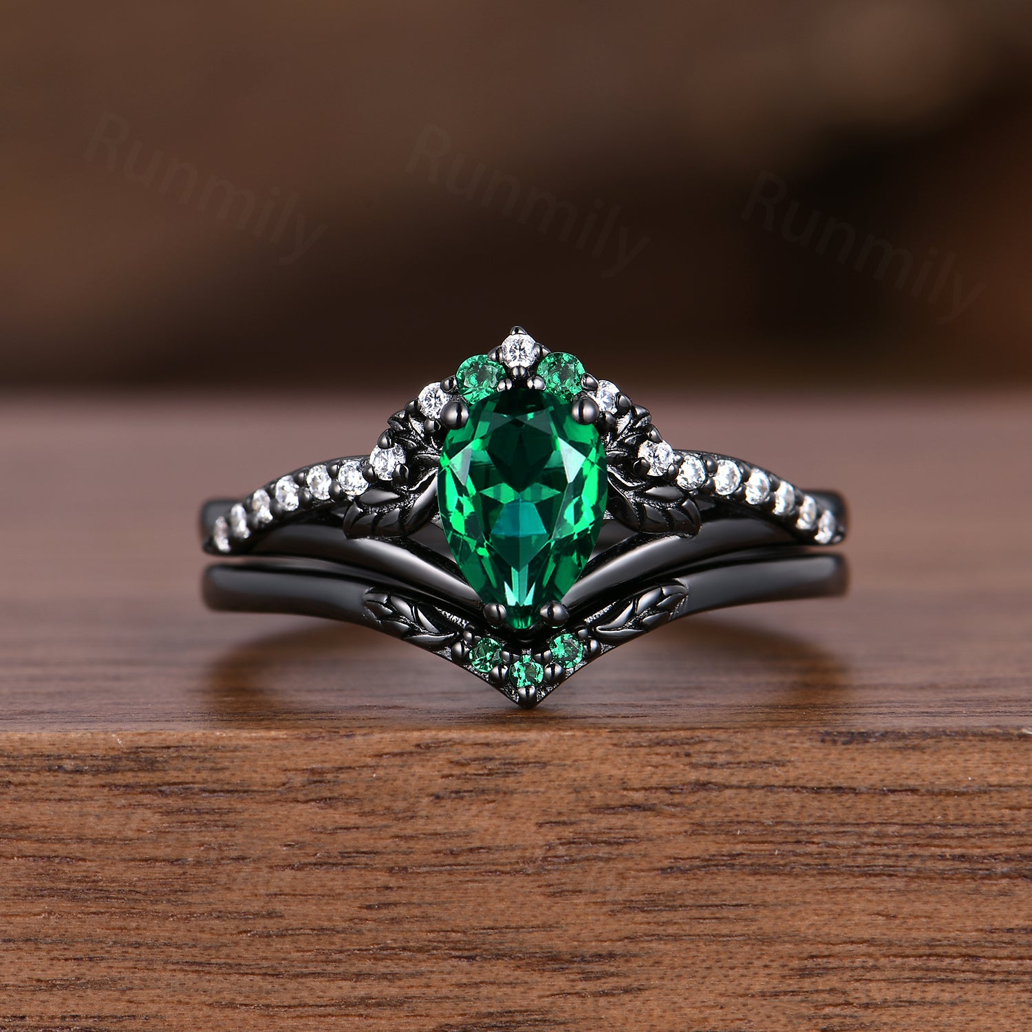 Art Deco Pear Emerald Engagement Ring Set Black Gold Rings Vine Leaf Bridal Promise Ring May Anniversary Gift