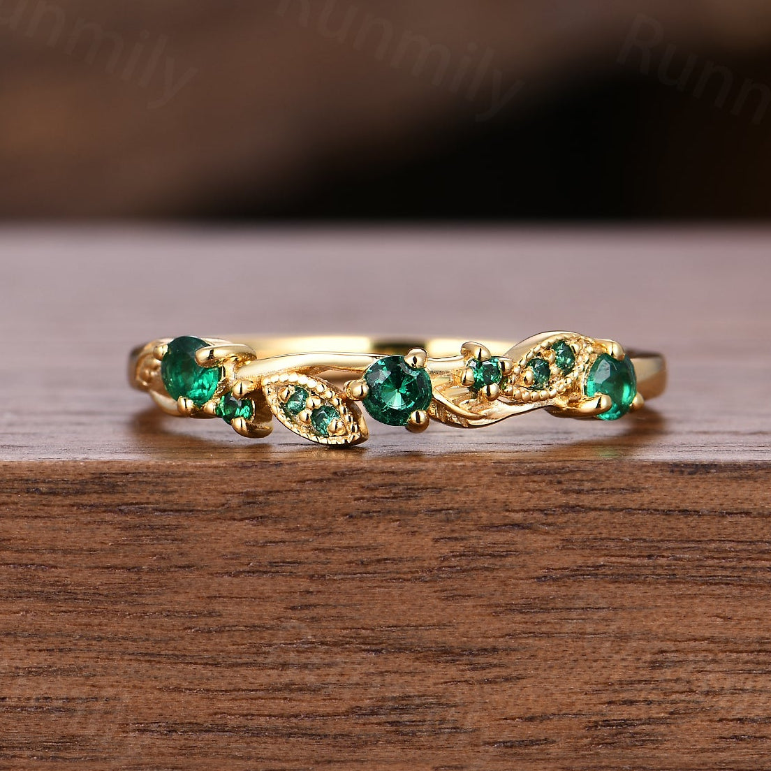Vintage Emerald Wedding Band Dainty Leaf Inspired Ring May Birthstone Anniversary Ring Gift For Women