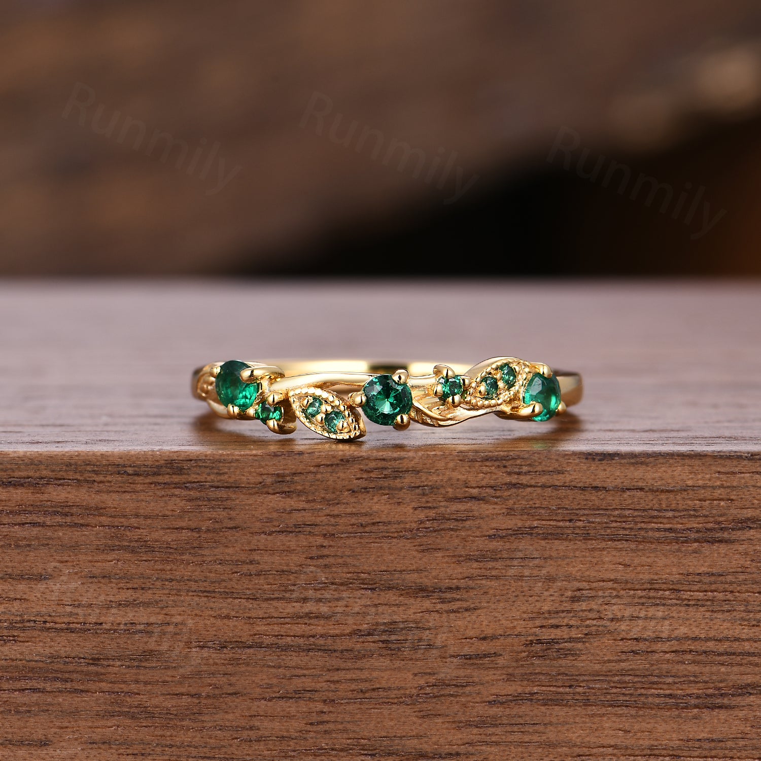 Vintage Emerald Wedding Band Dainty Leaf Inspired Ring May Birthstone Anniversary Ring Gift For Women