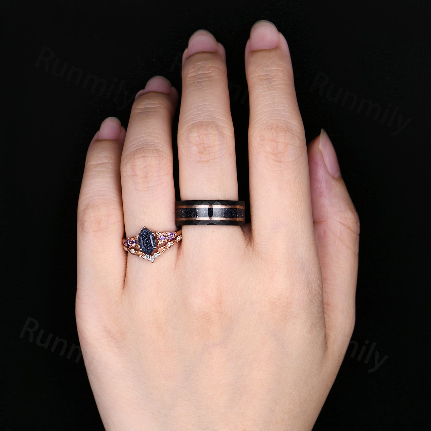 Galaxy Couple Ring Set - Blue Sandstone Women’s Ring & Men’s Matching Band - Unique Promise Ring Set - Rose Gold Rings