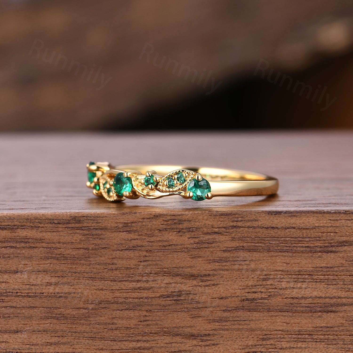 Vintage Emerald Wedding Band Dainty Leaf Inspired Ring May Birthstone Anniversary Ring Gift For Women