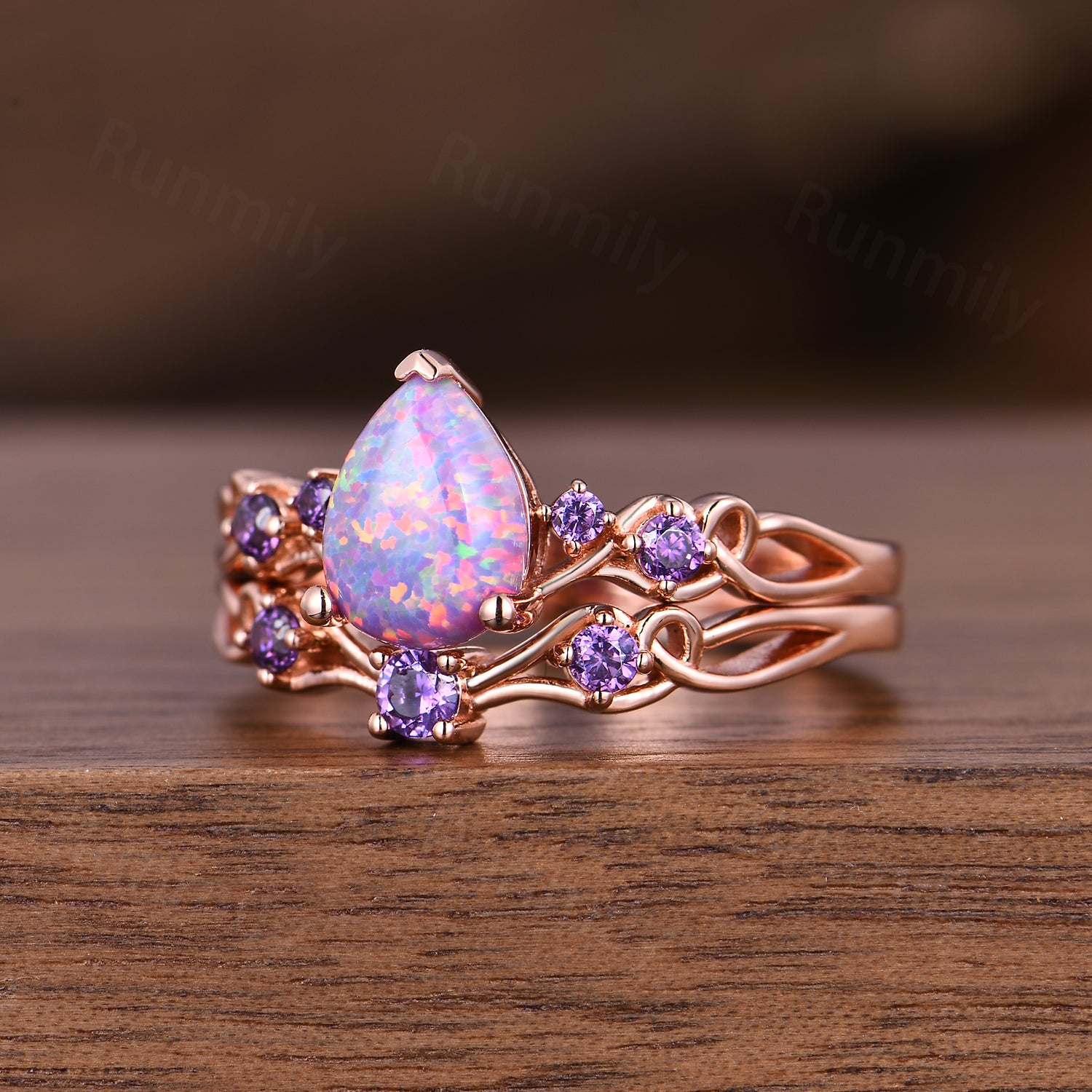 Lavender Opal Amethyst Wedding Ring Set Pear Shaped Purple Opal Engagement Ring Rose Gold Celtic Knot Bridal Ring Set