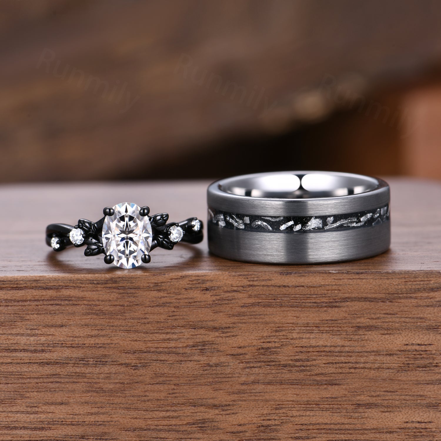 Oval Cut Moissanite Couples Ring Set Unique Vintage Bridal Ring Black Silver & Tungsten His and Hers Wedding Bands Diamond Ring Set