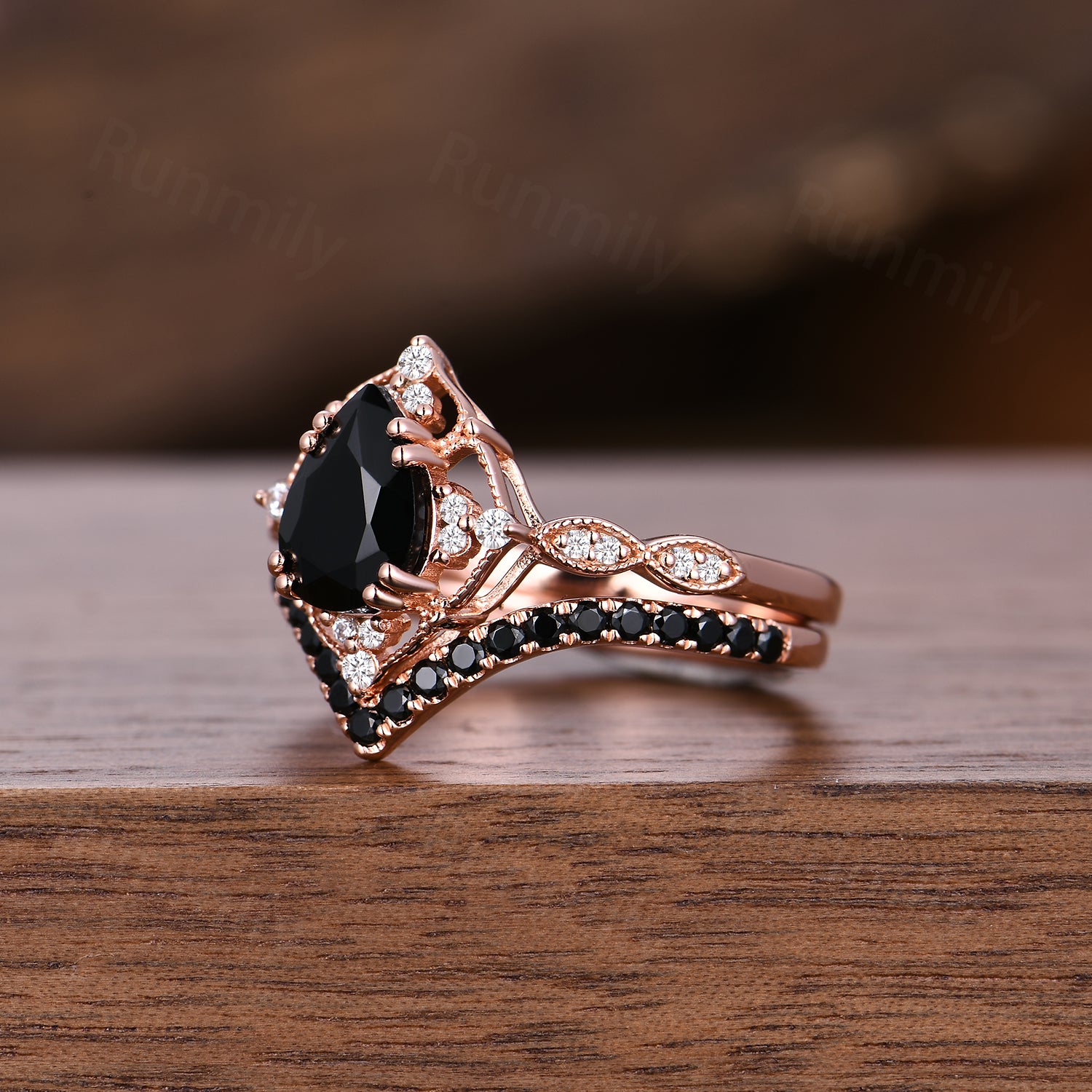 Vintage black onyx engagement ring rose gold ring art deco curved stacking band pear shaped bridal set unique black gemstone wedding set