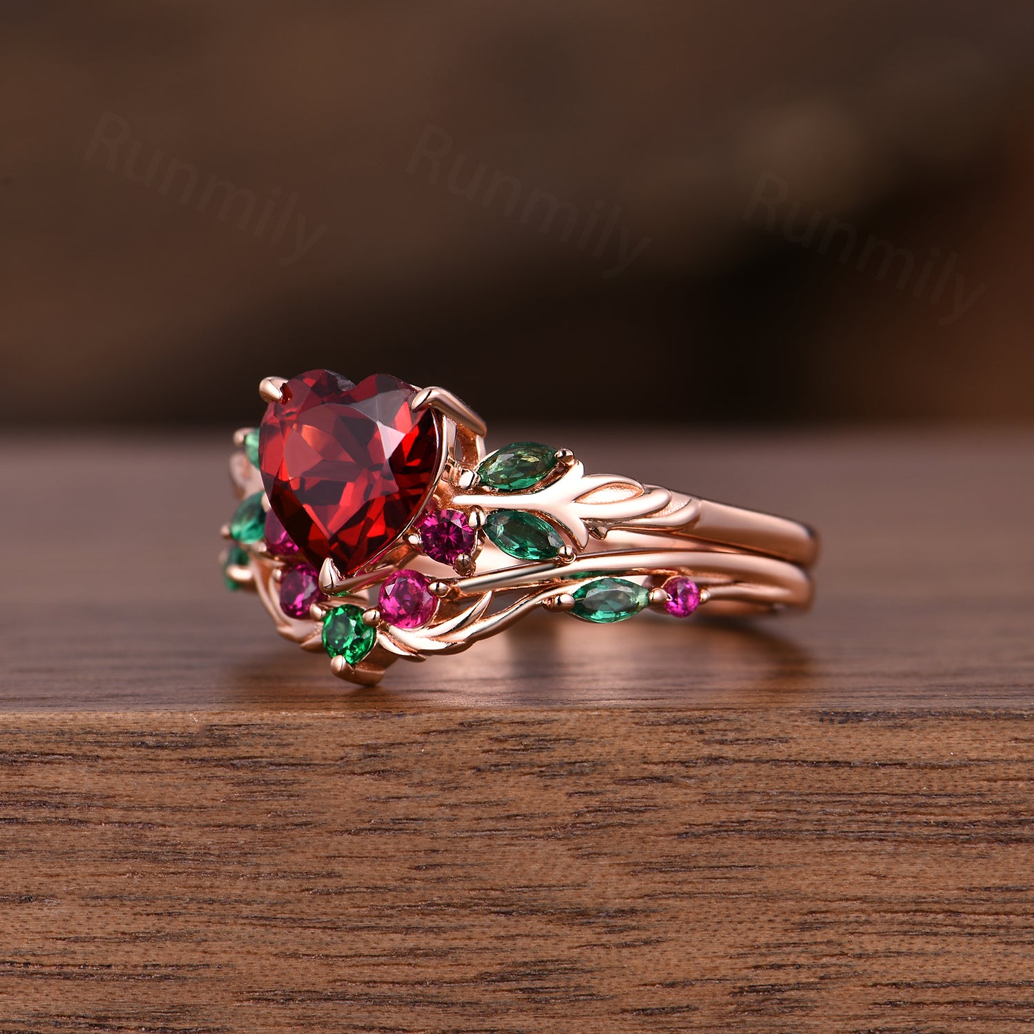 Heart shaped Garnet engagement ring set women 14k rose gold emerald ruby branch leaf cluster wedding band promise ring for her