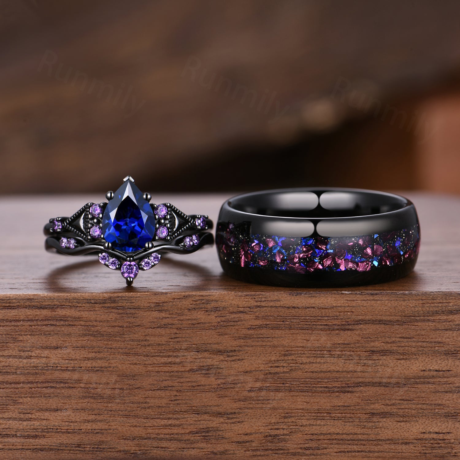Blue Sapphire & Amethyst Couple Ring Set: Black Gold Wedding Bands, Anniversary Promise Rings