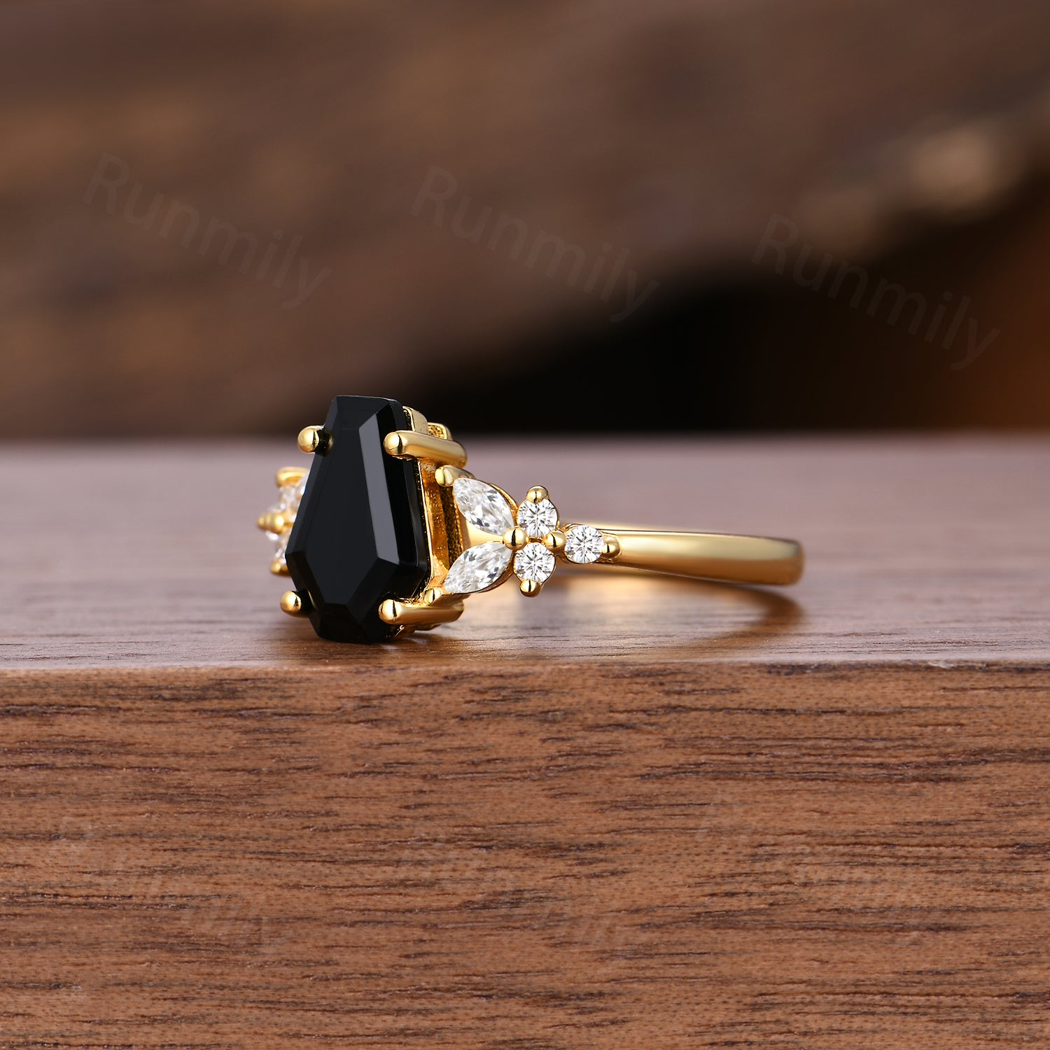 Coffin cut Natural Black Onyx Ring Yellow Gold Engagement Ring For Women Moissanite Cluster Wedding Ring Unique Promise Anniversary Ring