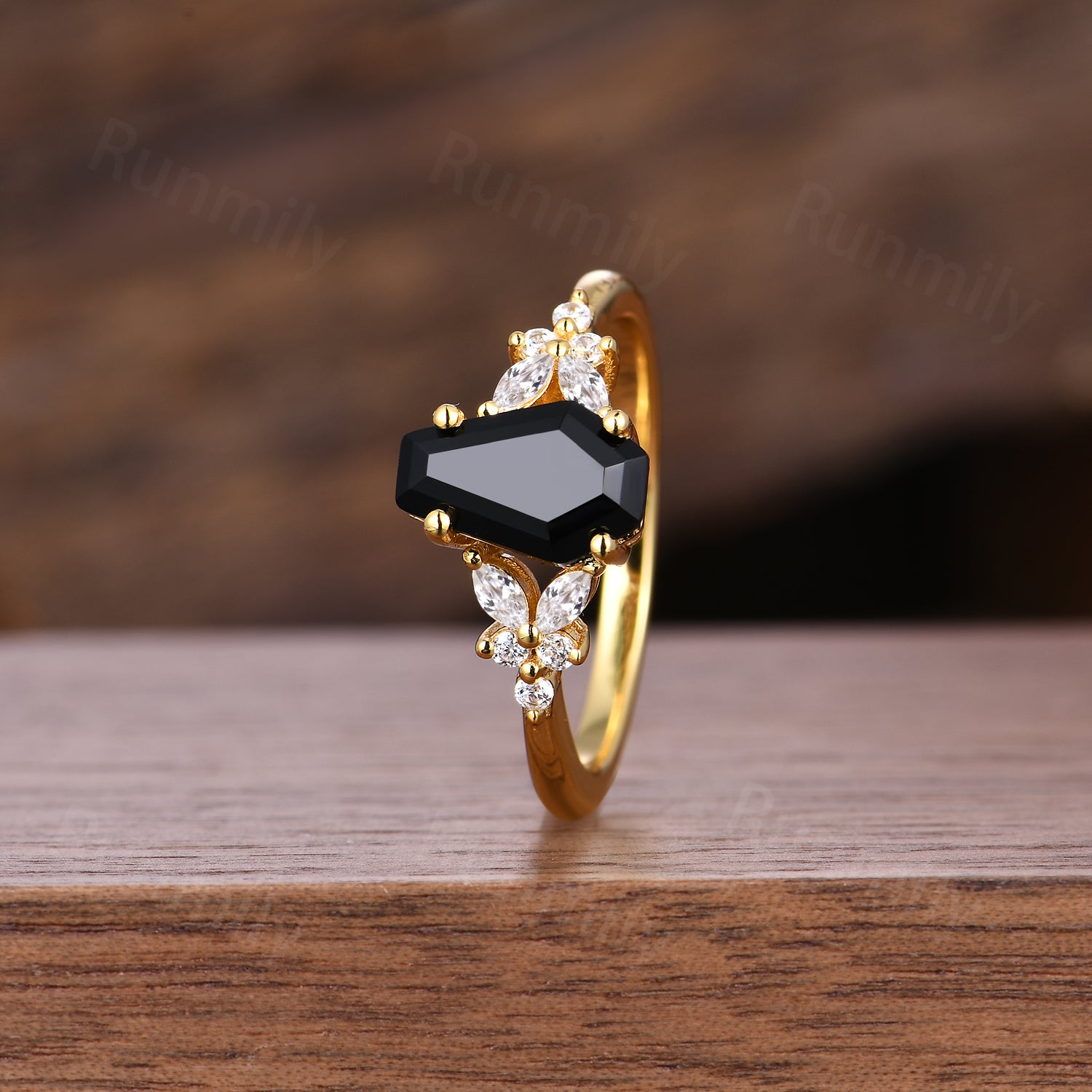 Coffin cut Natural Black Onyx Ring Yellow Gold Engagement Ring For Women Moissanite Cluster Wedding Ring Unique Promise Anniversary Ring