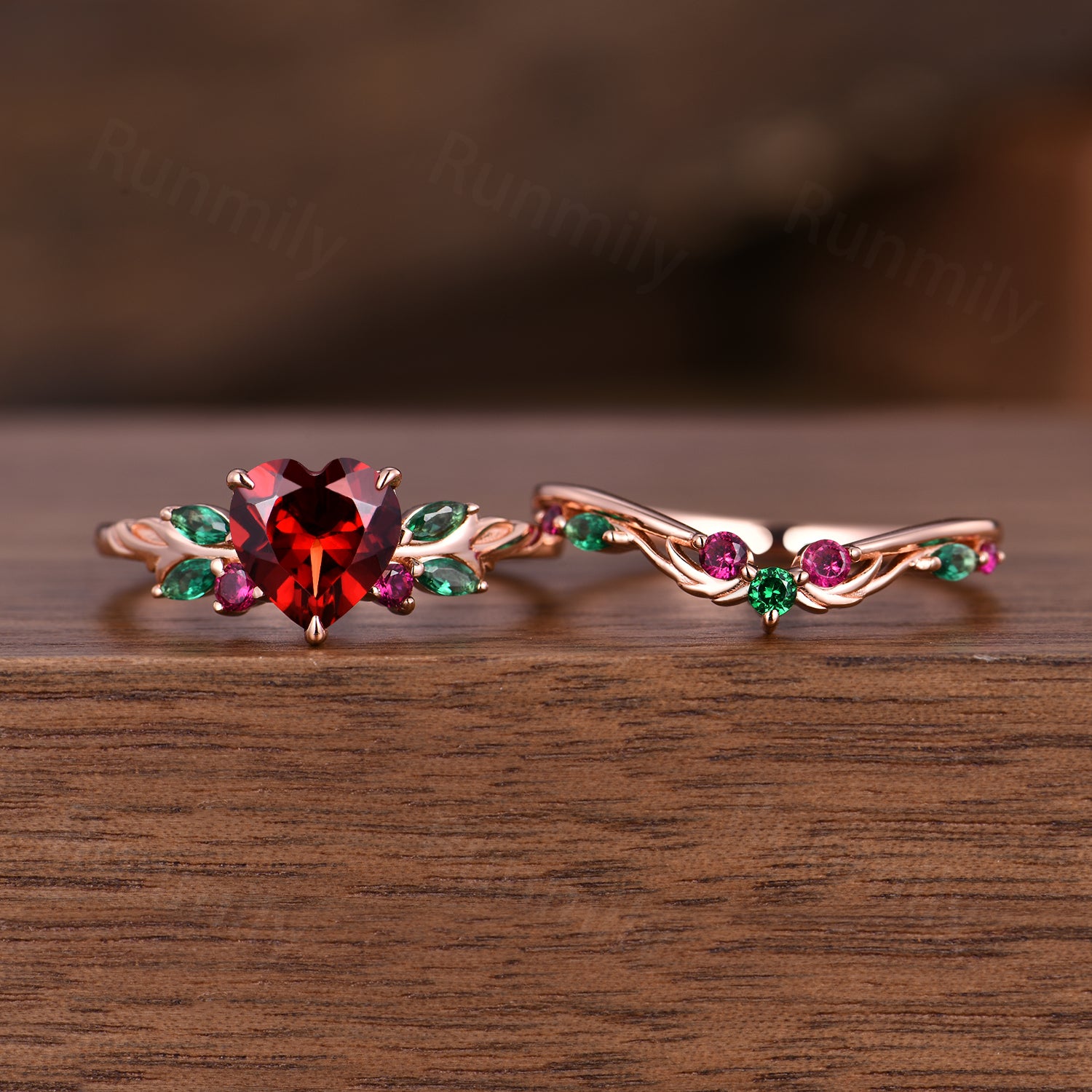 Heart shaped Garnet engagement ring set women 14k rose gold emerald ruby branch leaf cluster wedding band promise ring for her