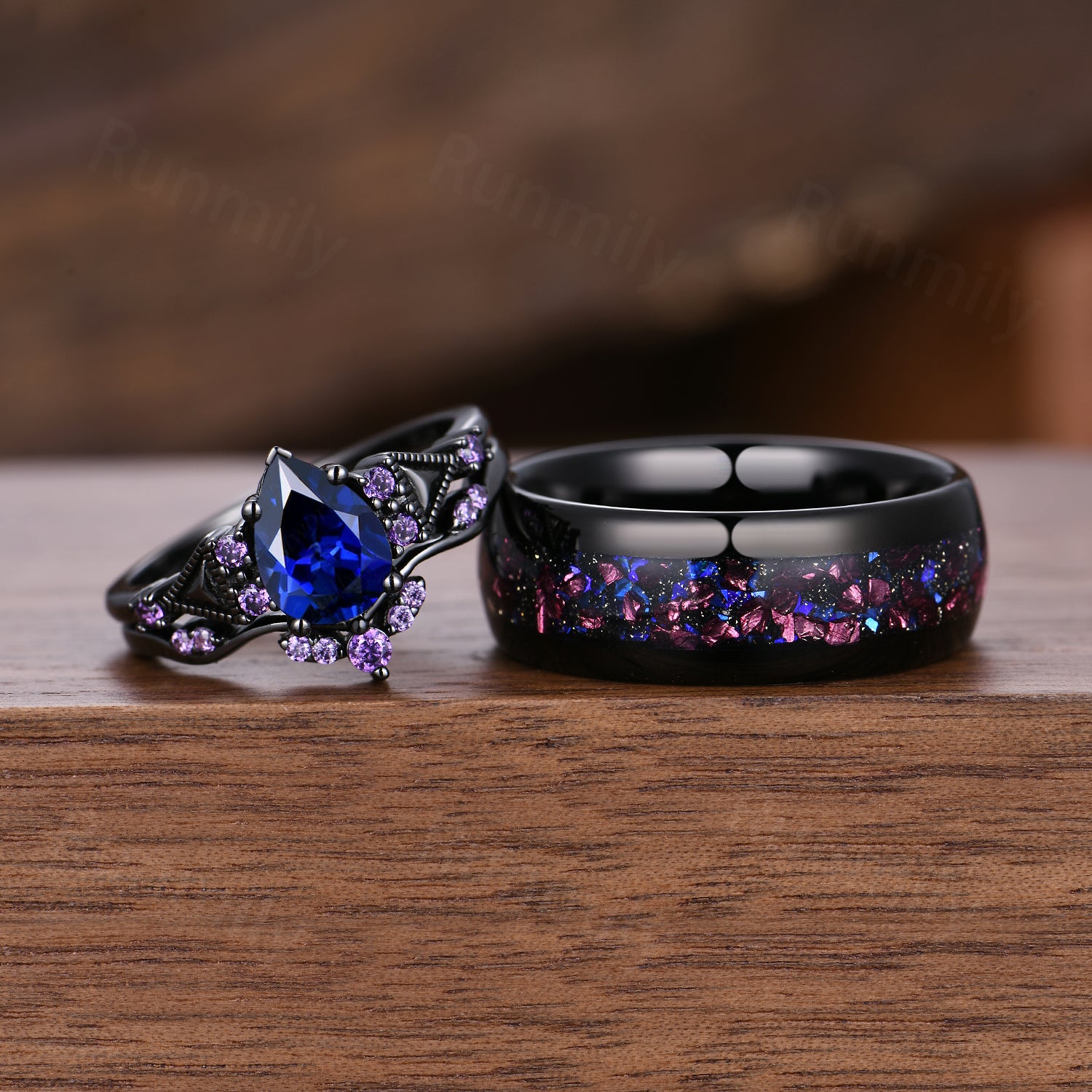 Blue Sapphire & Amethyst Couple Ring Set: Black Gold Wedding Bands, Anniversary Promise Rings