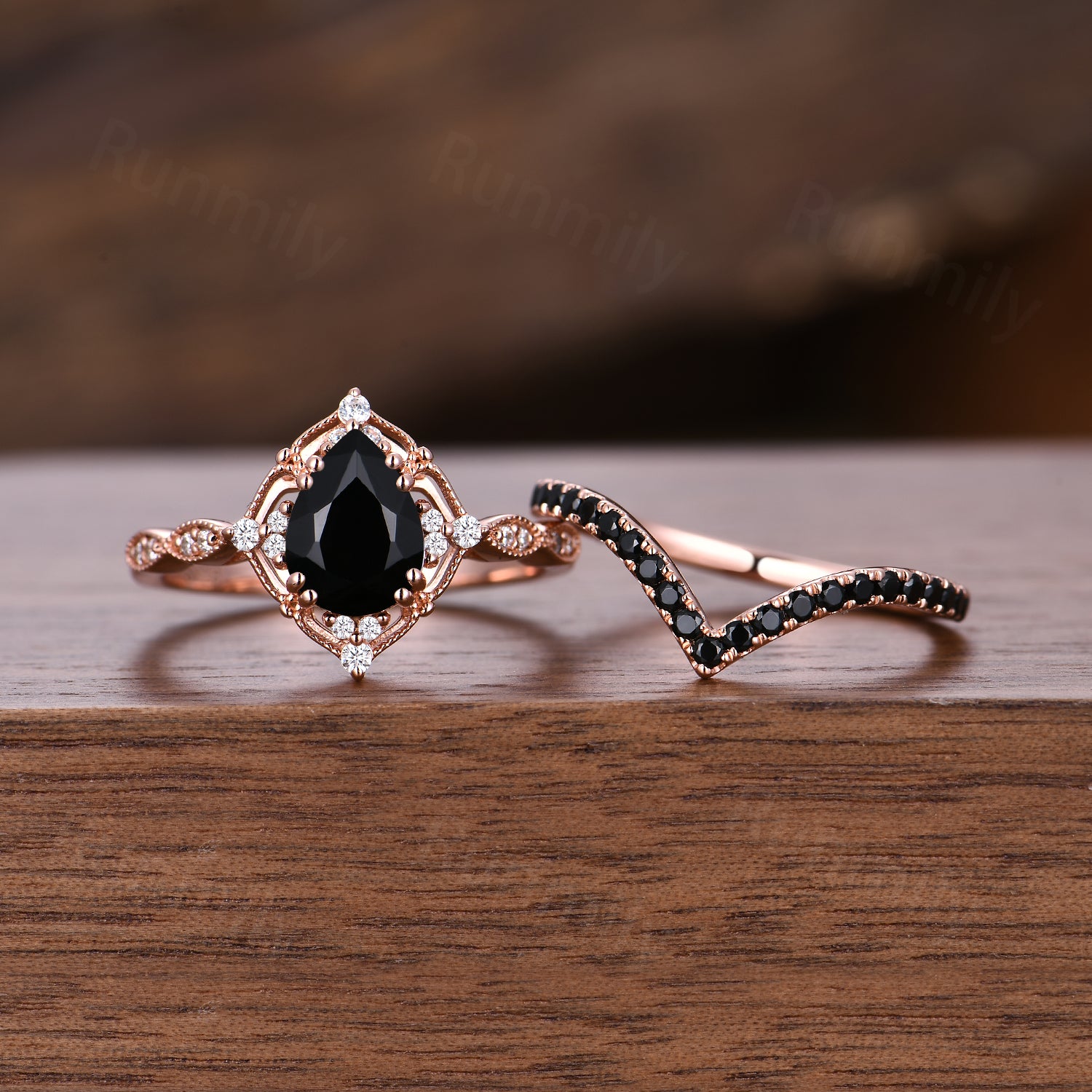 Vintage black onyx engagement ring rose gold ring art deco curved stacking band pear shaped bridal set unique black gemstone wedding set