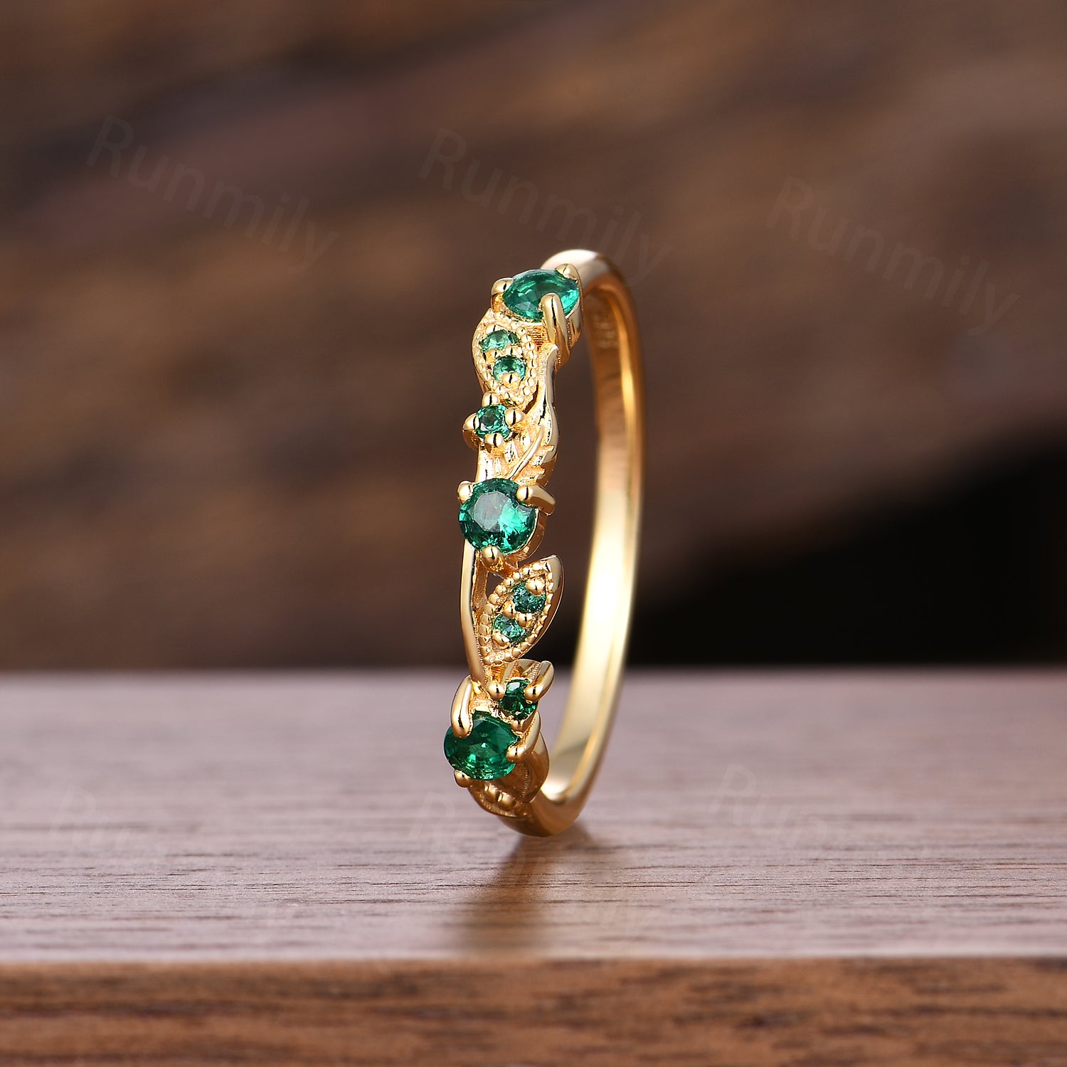 Vintage Emerald Wedding Band Dainty Leaf Inspired Ring May Birthstone Anniversary Ring Gift For Women