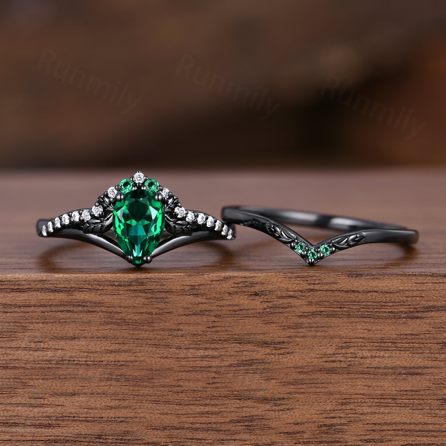 Art Deco Pear Emerald Engagement Ring Set Black Gold Rings Vine Leaf Bridal Promise Ring May Anniversary Gift