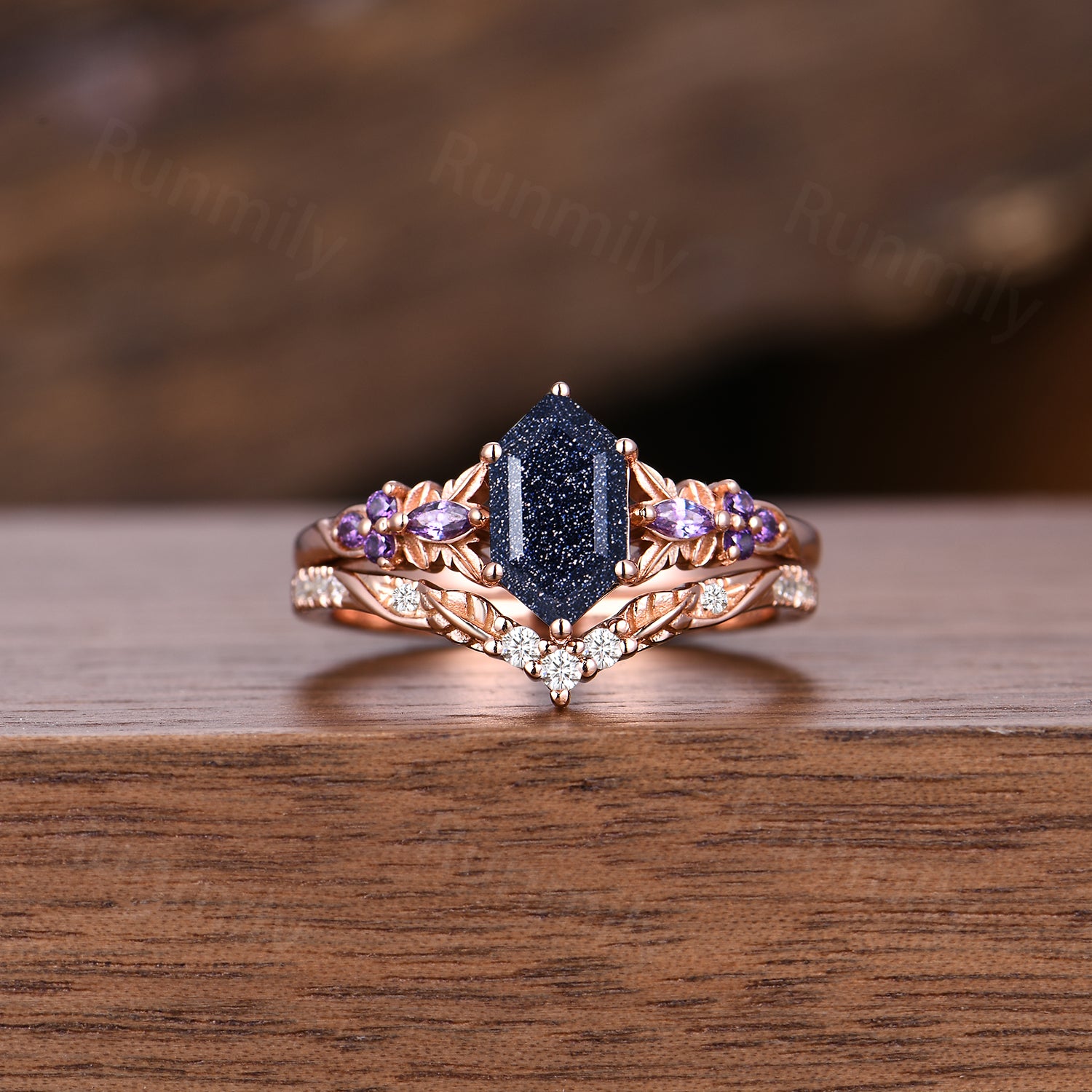 Galaxy Couple Ring Set - Blue Sandstone Women’s Ring & Men’s Matching Band - Unique Promise Ring Set - Rose Gold Rings